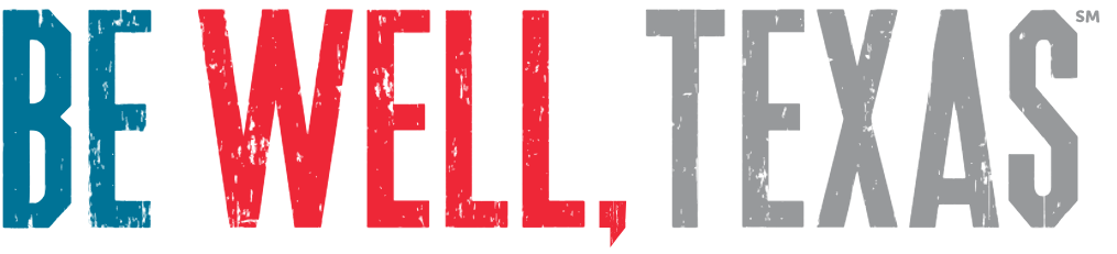 A red , white and blue logo that says be well texas