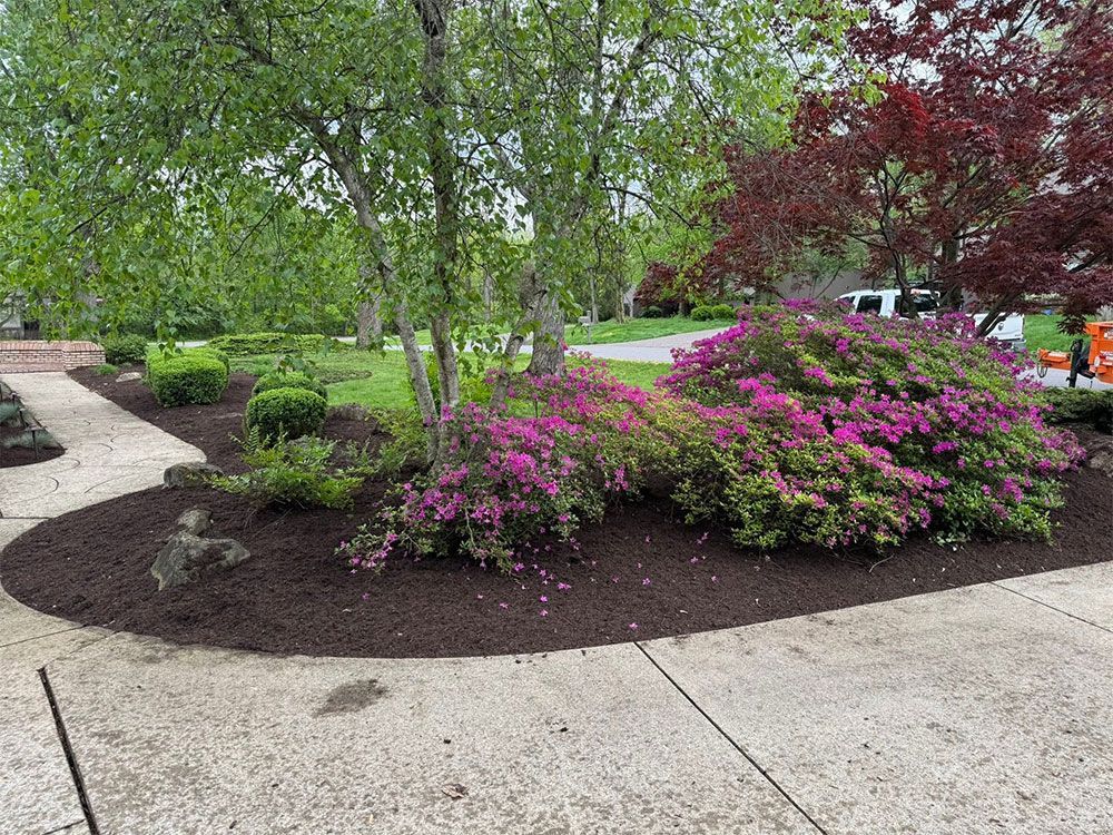 Curved garden walkway beside flowering shrubs, green trees, and a landscaped flower bed.