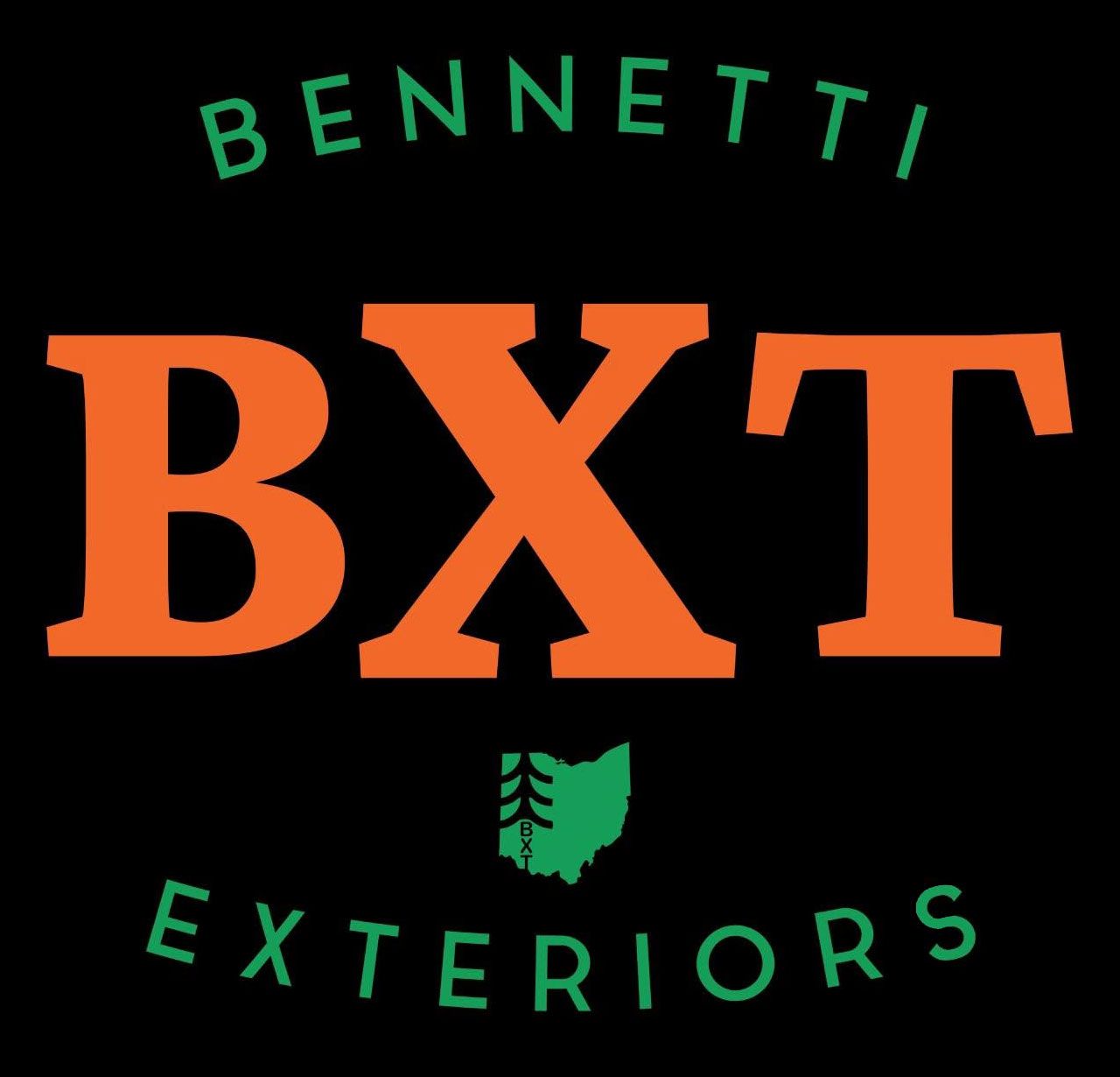 Bennetti BXT Exteriors logo with orange &ldquo;BXT&rdquo; and green curved text on a black background