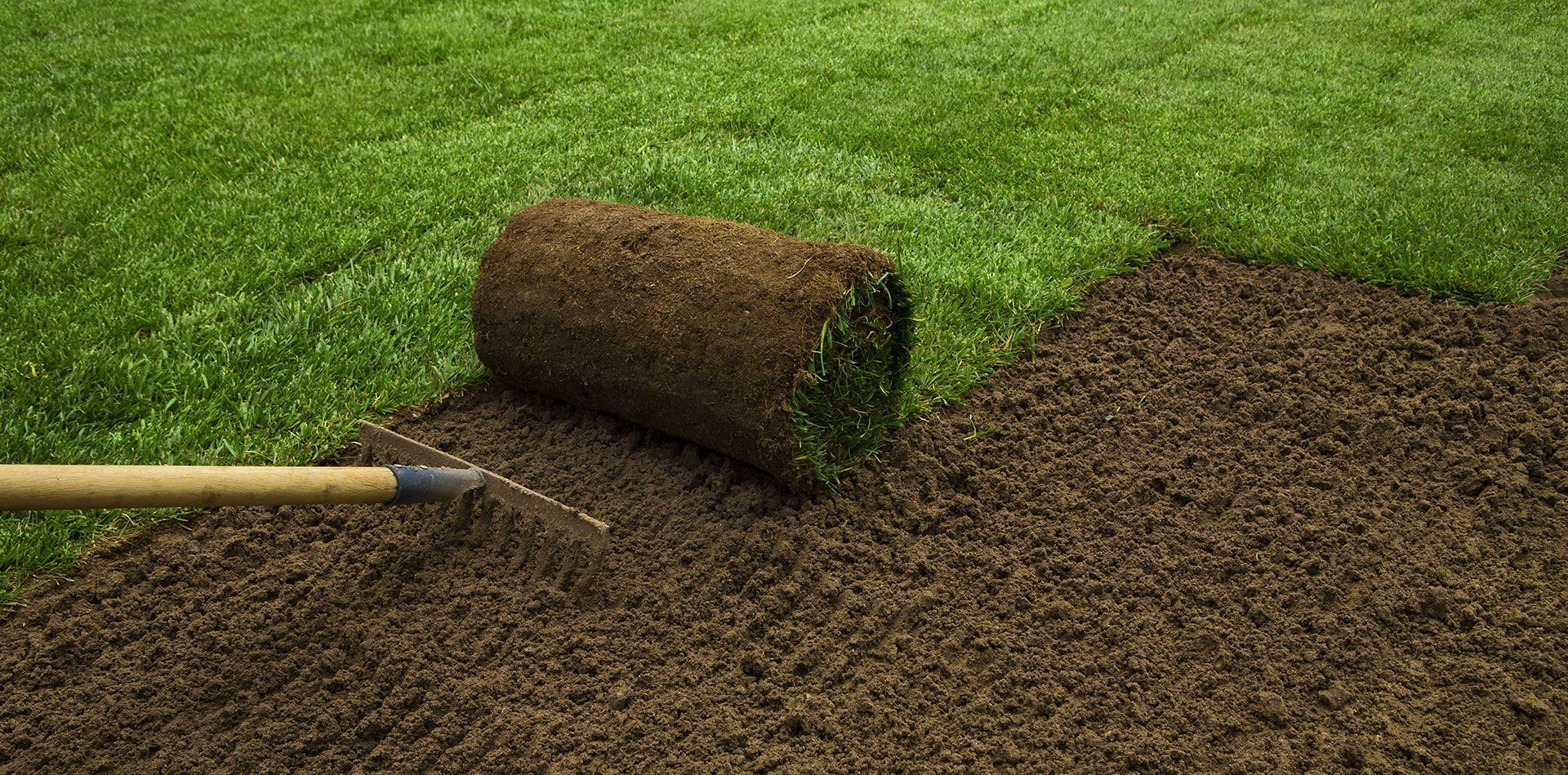 Lawn aerator rolling over soil on a green grass lawn, leaving a patch of disturbed dirt.