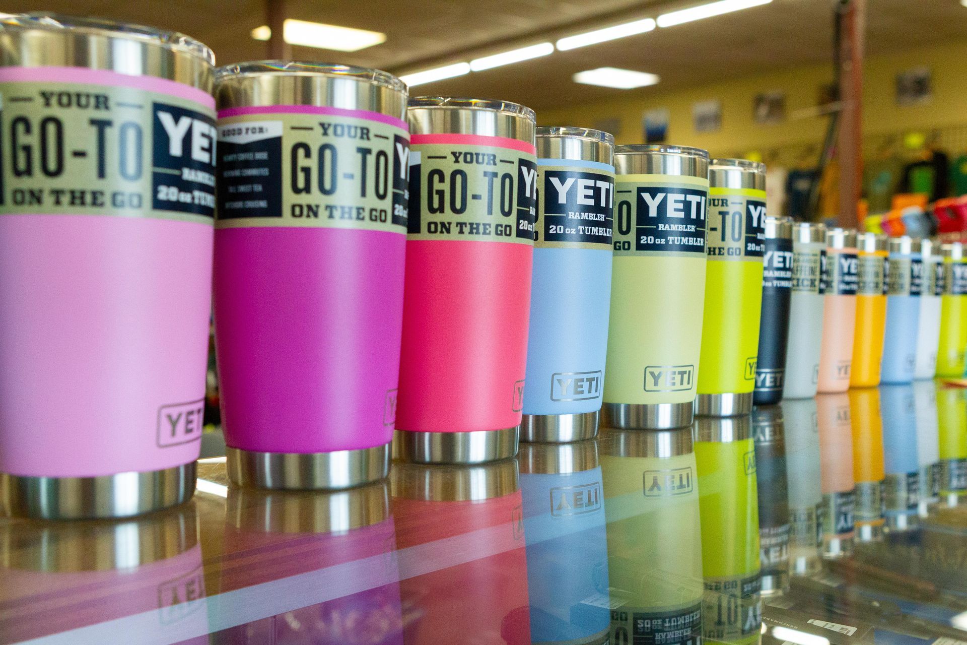 Row of colorful Yeti tumblers with the 