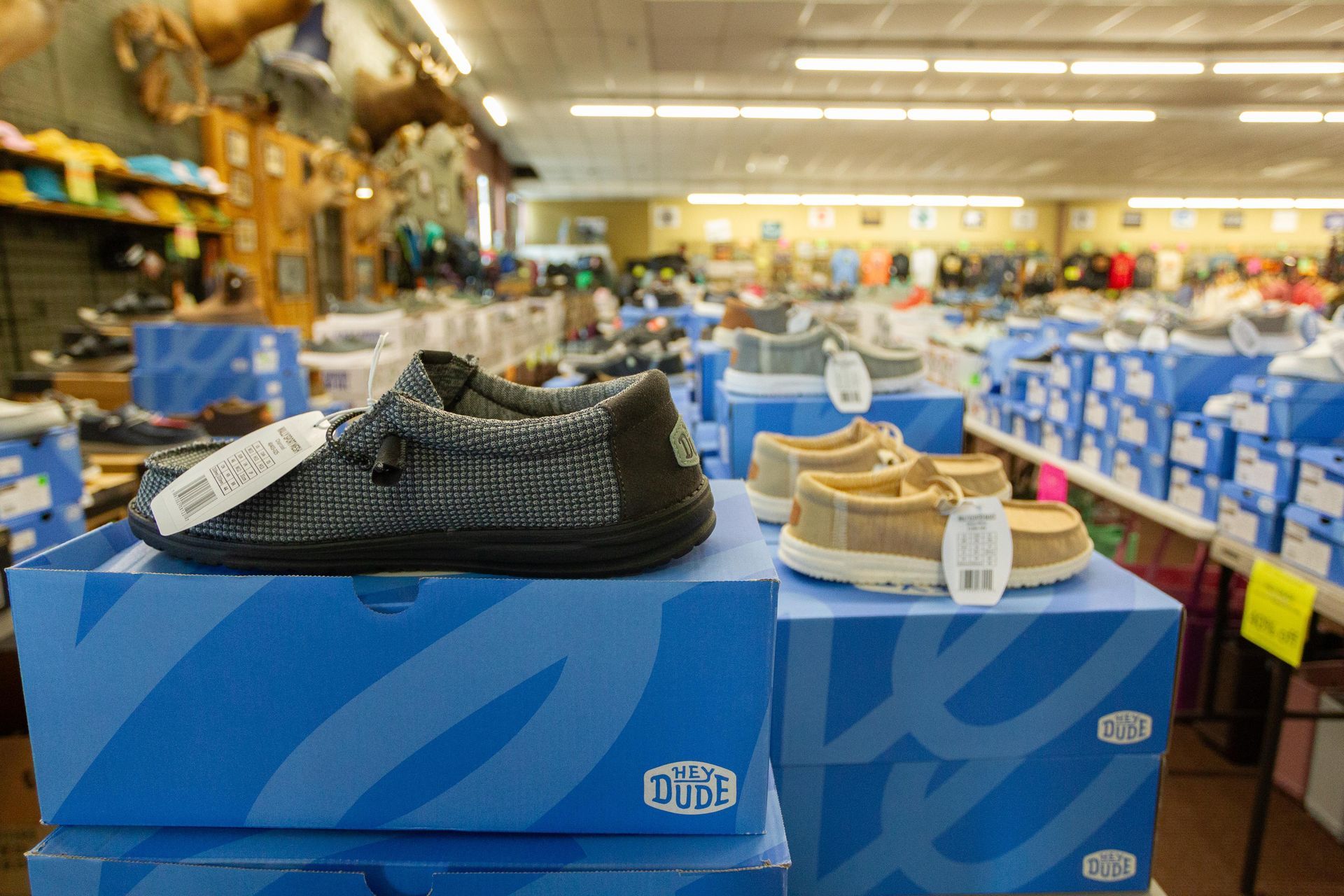 Shoes on display inside a retail store. Several pairs of Hey Dude shoes sit on blue boxes, with store shelves and other merchandise in the background.