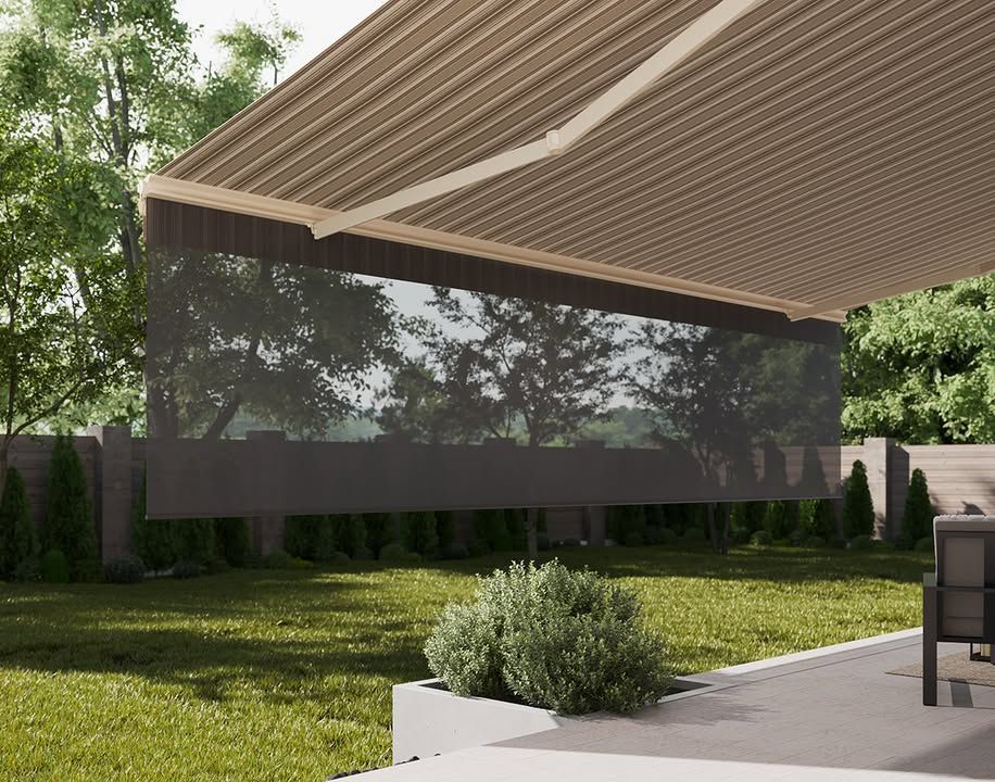 A patio with a large awning over it