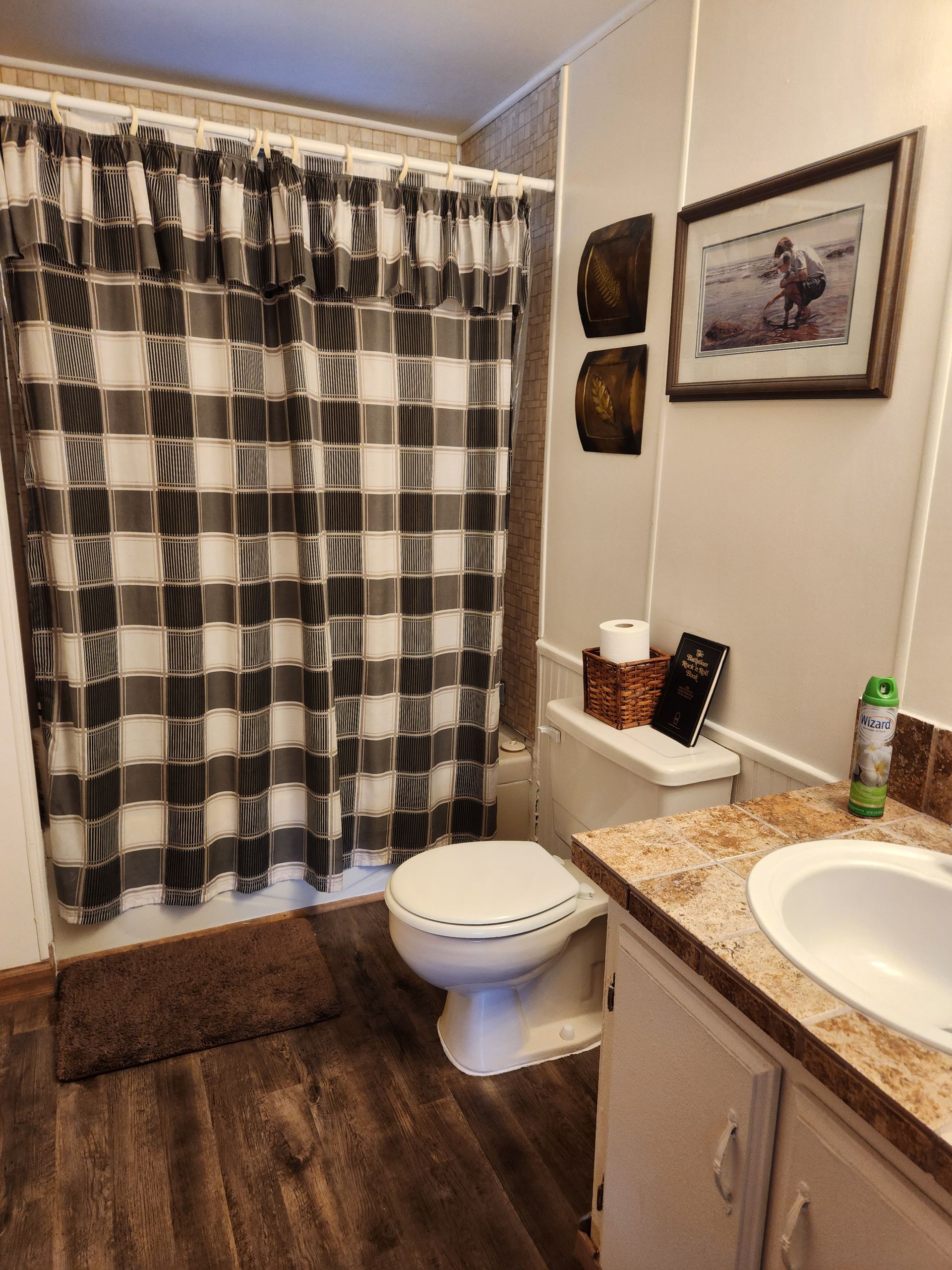 A bathroom with a toilet, sink, and shower curtain.