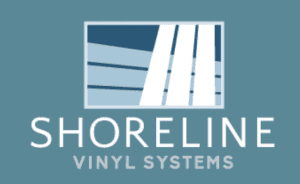 Shoreline Vinyl Systems logo: Blue and white image of slats behind the company's name.