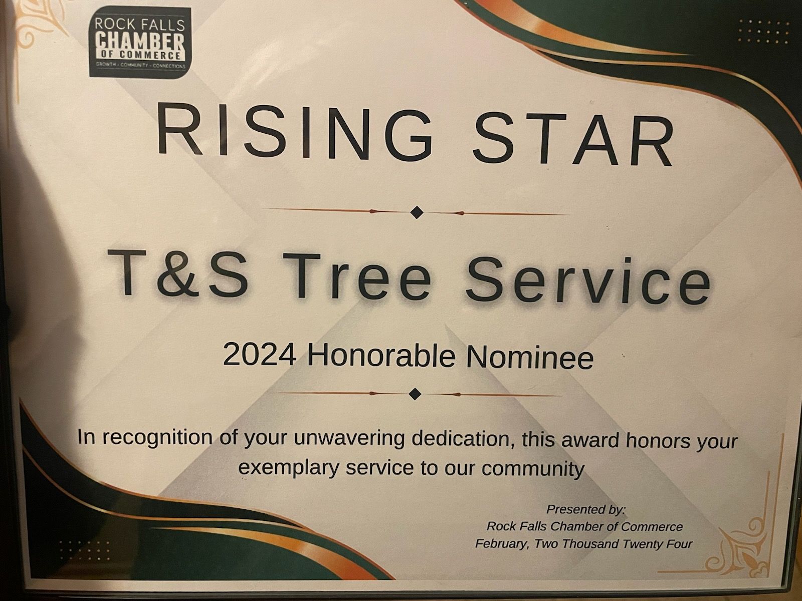 a rising star certificate for t & s tree service