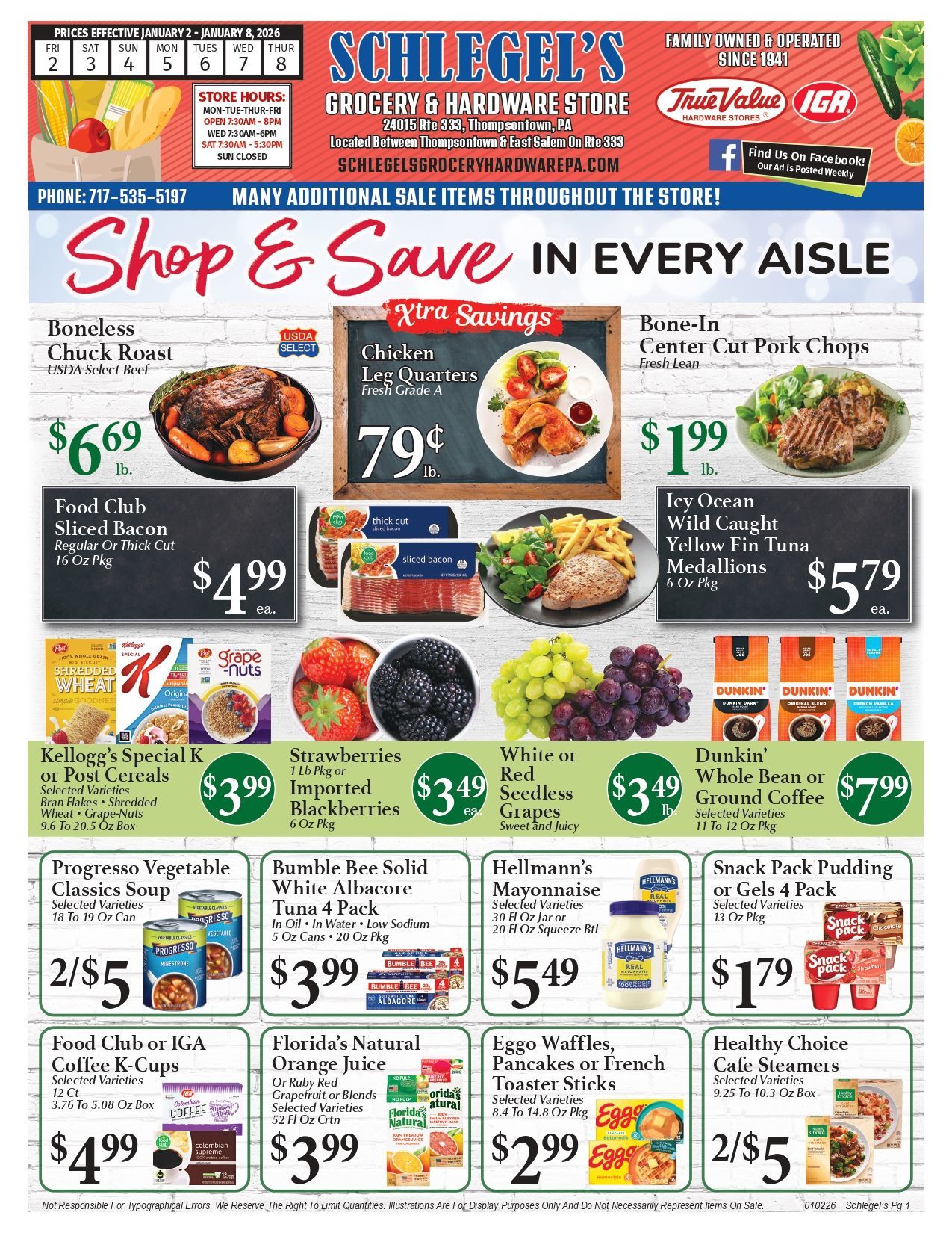 Grocery store ad with food deals and prices.