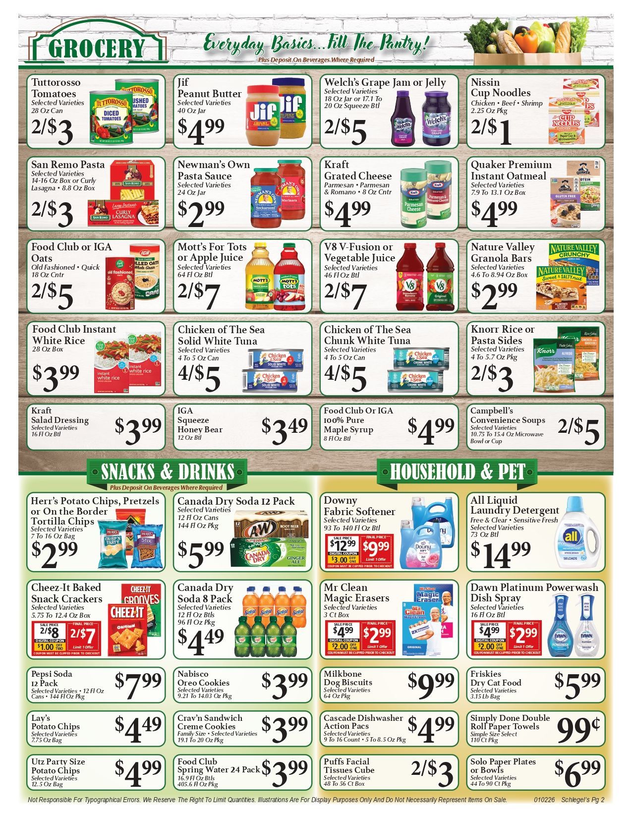 Grocery store advertisement with food, snacks, drinks, household, and pet items.