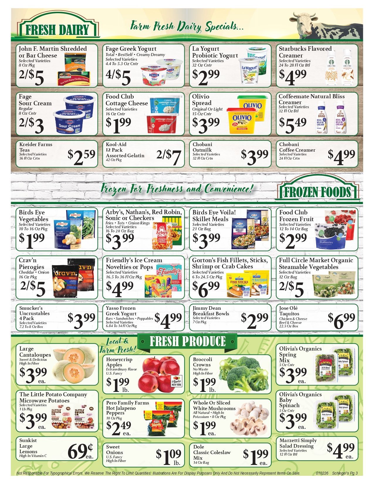 Grocery store ad featuring dairy, frozen, and produce items with prices.