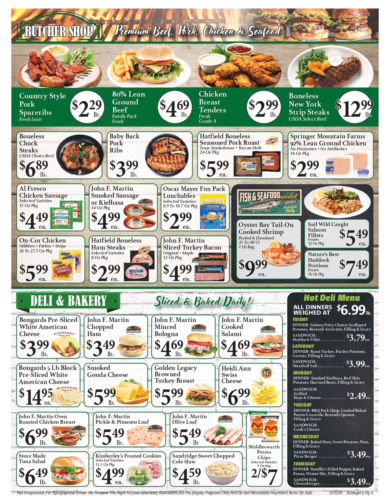 Grocery store advertisement with food items and prices.