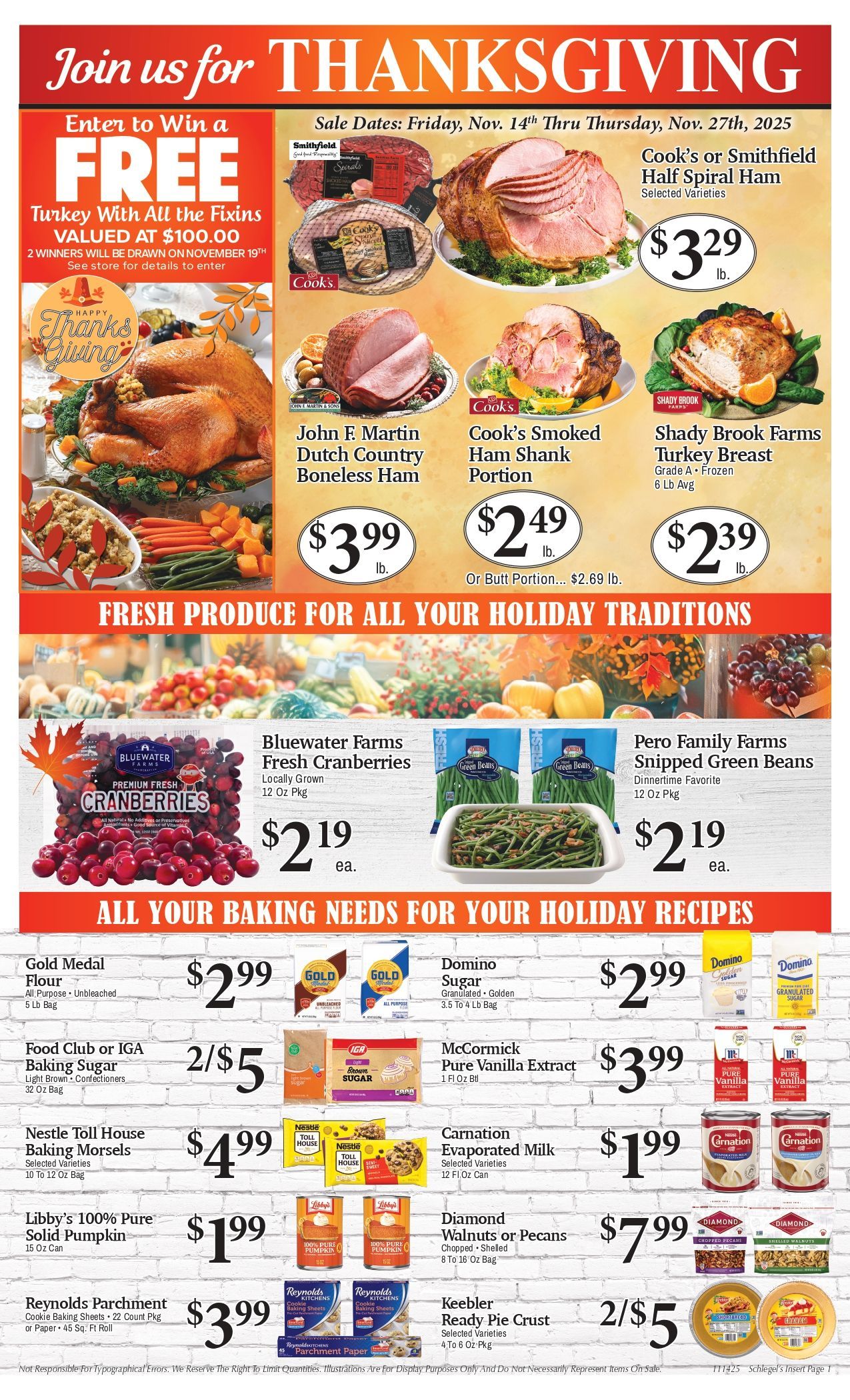 Thanksgiving food advertisement, featuring turkey, ham, and side dishes with prices.