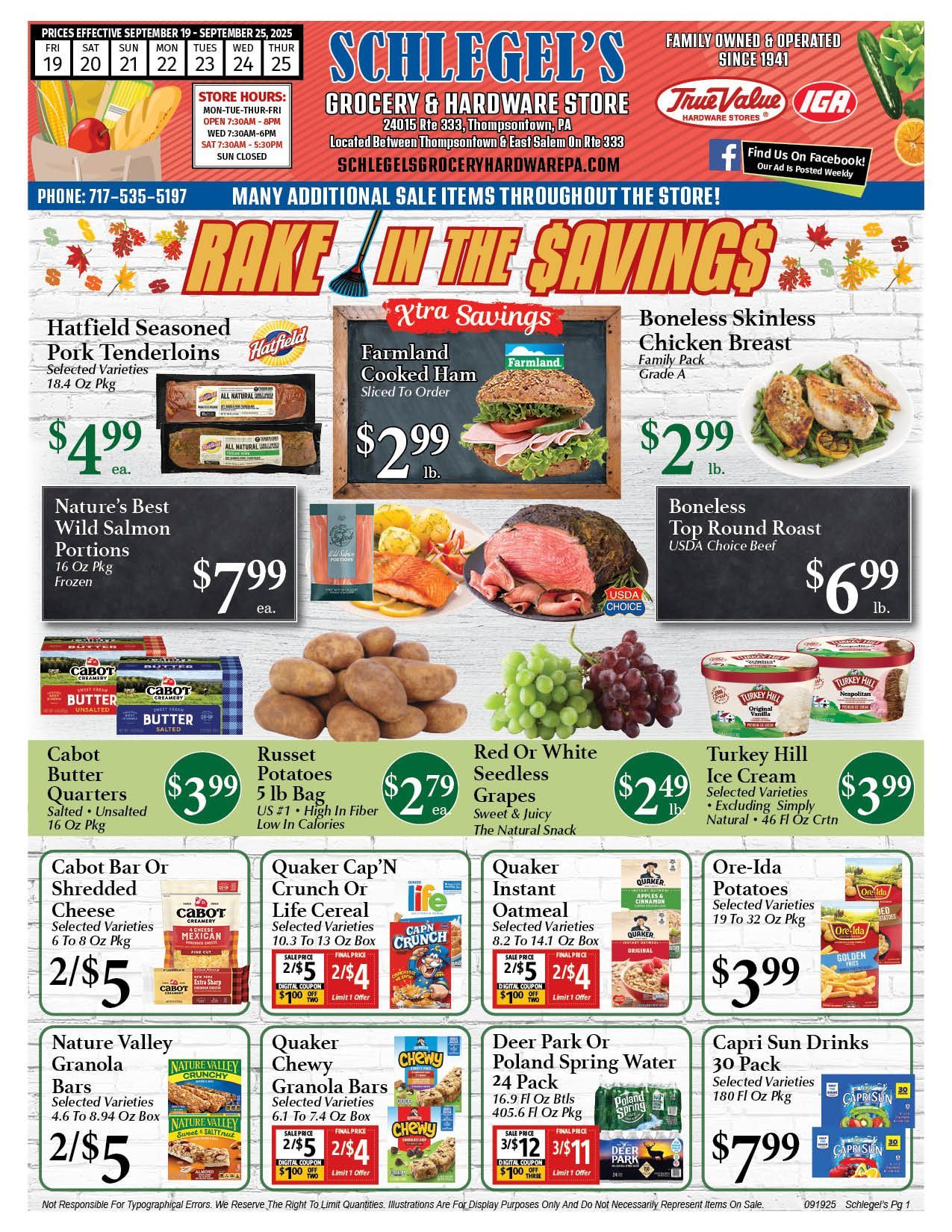 Schlegel's grocery advertises various food items on sale, prices displayed.