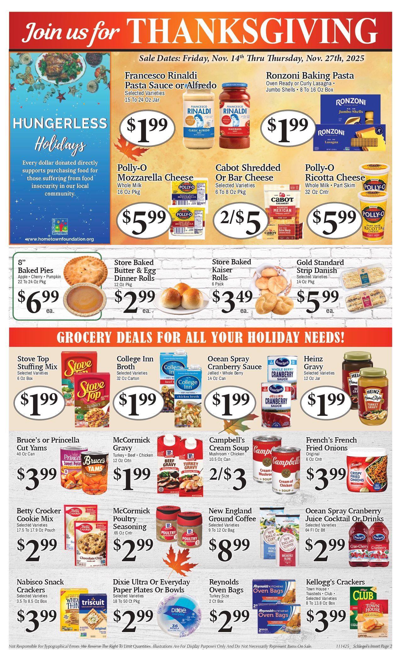 Thanksgiving grocery flyer featuring various food items and prices.