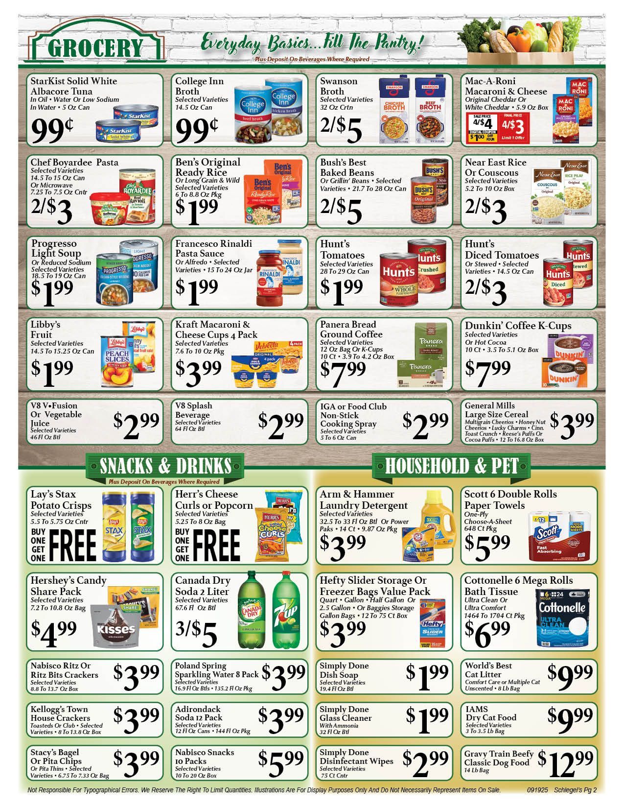 Grocery store advertisement with price tags for various products.