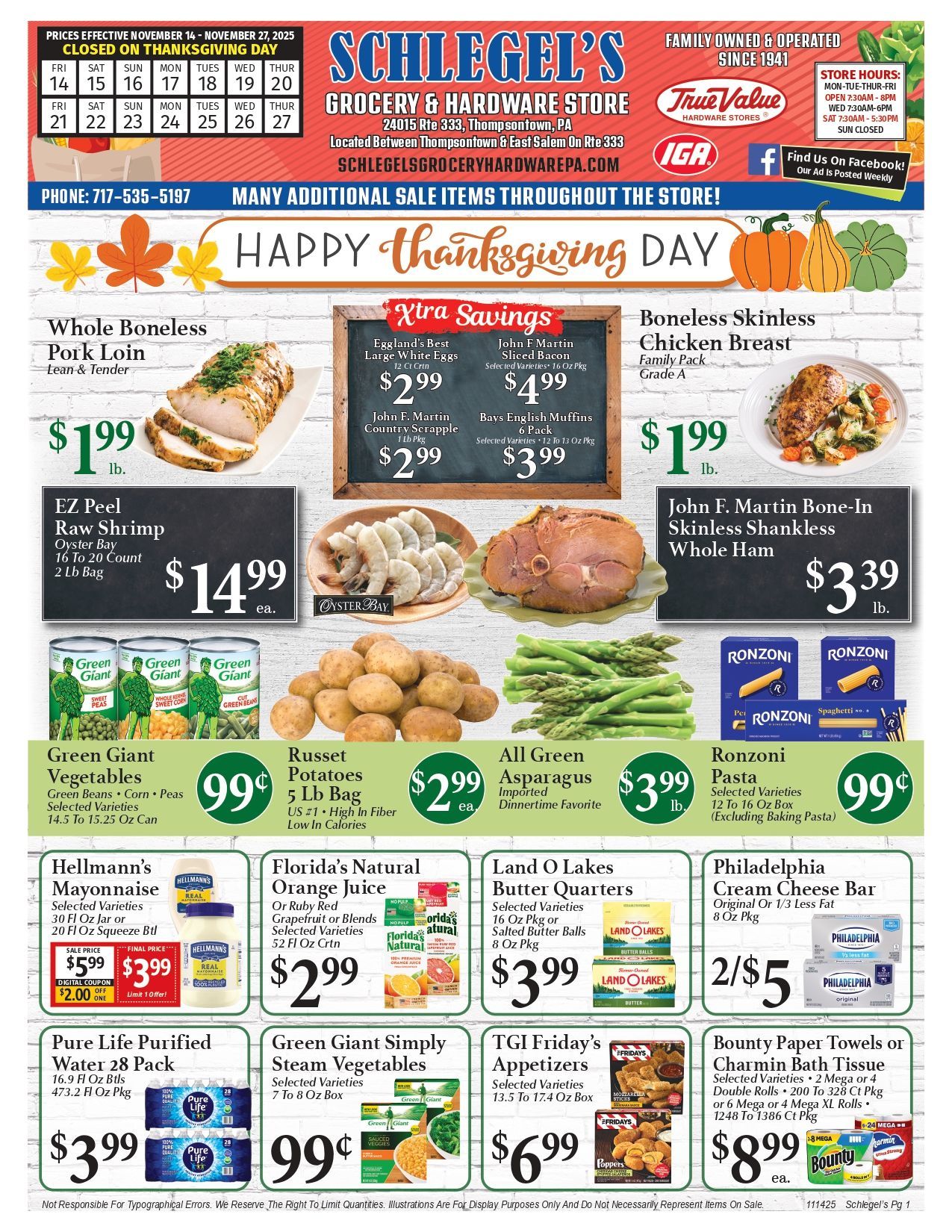 Thanksgiving-themed grocery store advertisement with food items and prices listed.