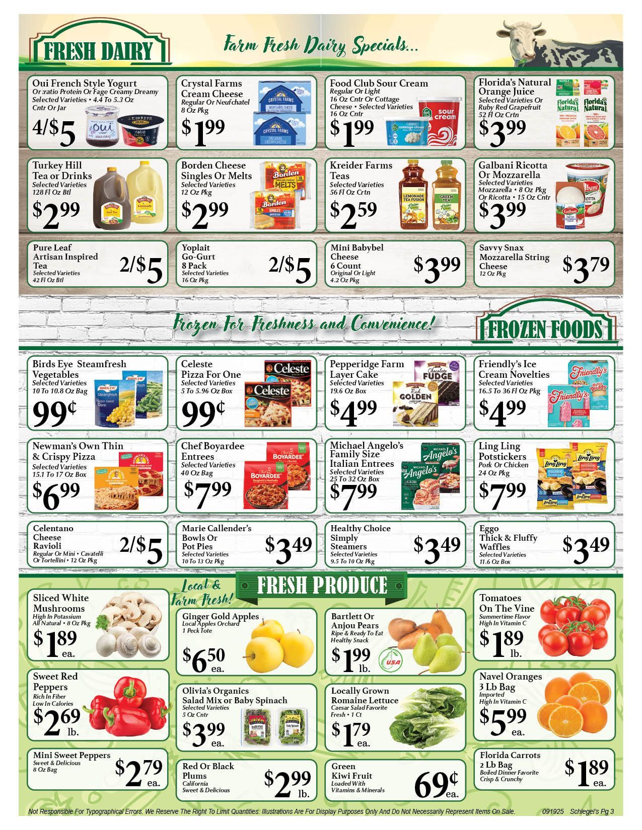 Grocery store flyer with dairy, frozen, and fresh produce, with prices.