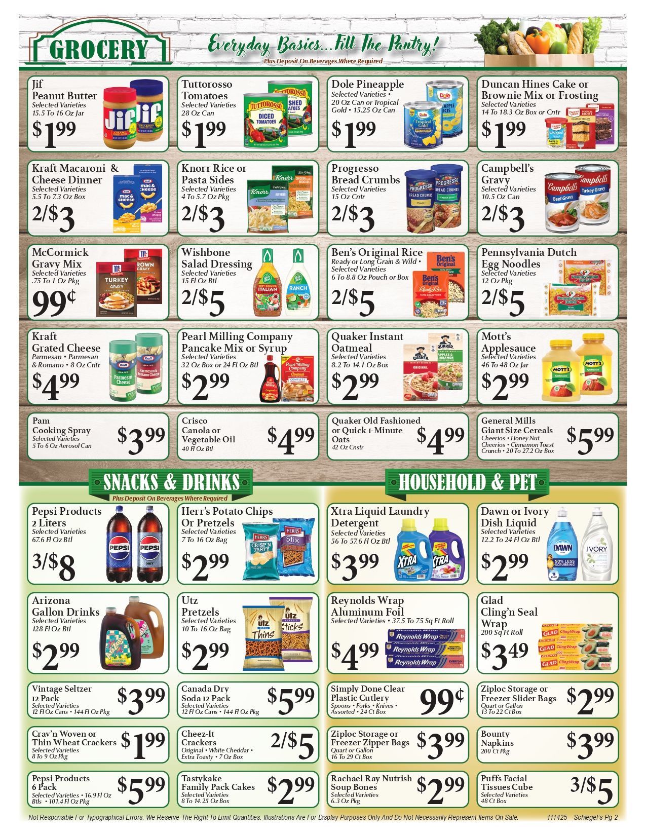 Grocery store flyer with various food and household items with prices.