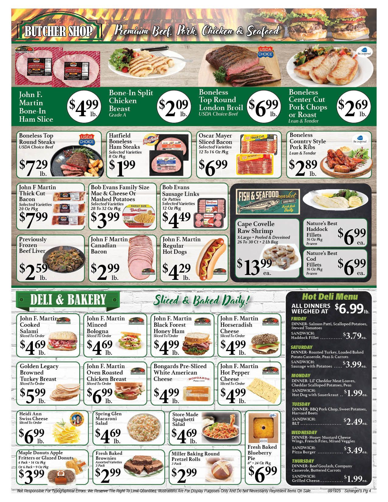 Grocery store advertisement, featuring various food items with prices in a green-themed layout.