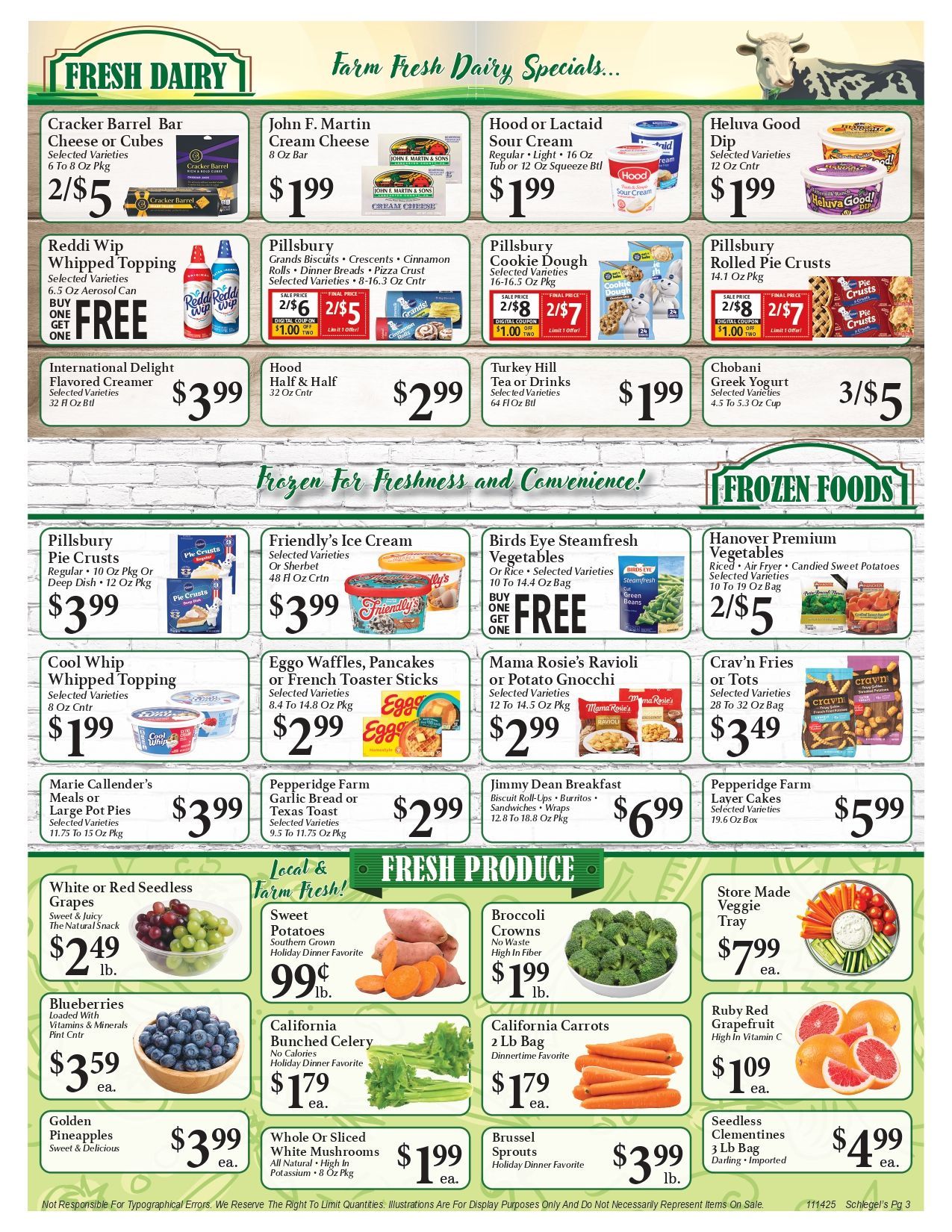 Grocery store advertisement with prices on dairy, frozen foods, and produce.