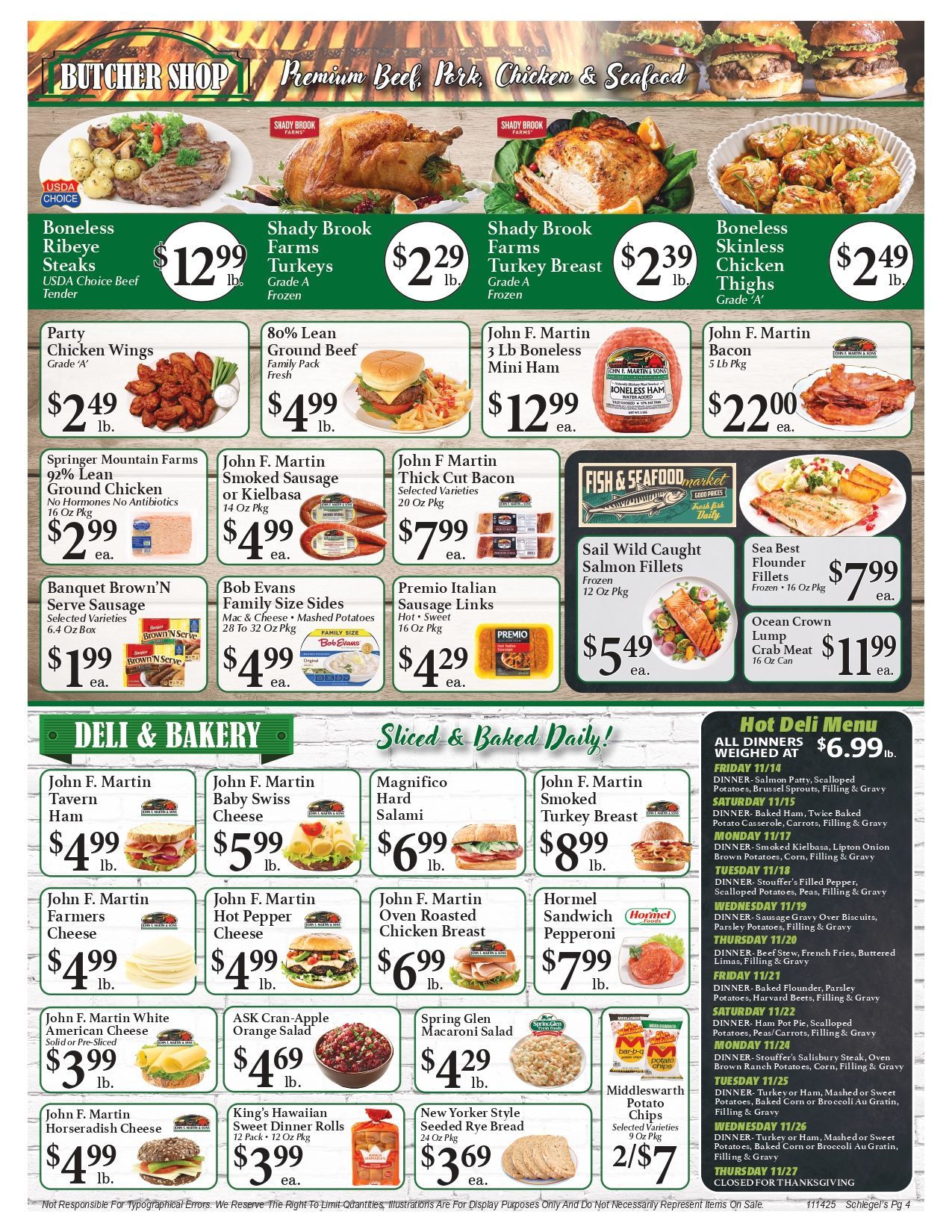 Grocery store advertisement featuring prepared foods, bakery items, and deli specials.