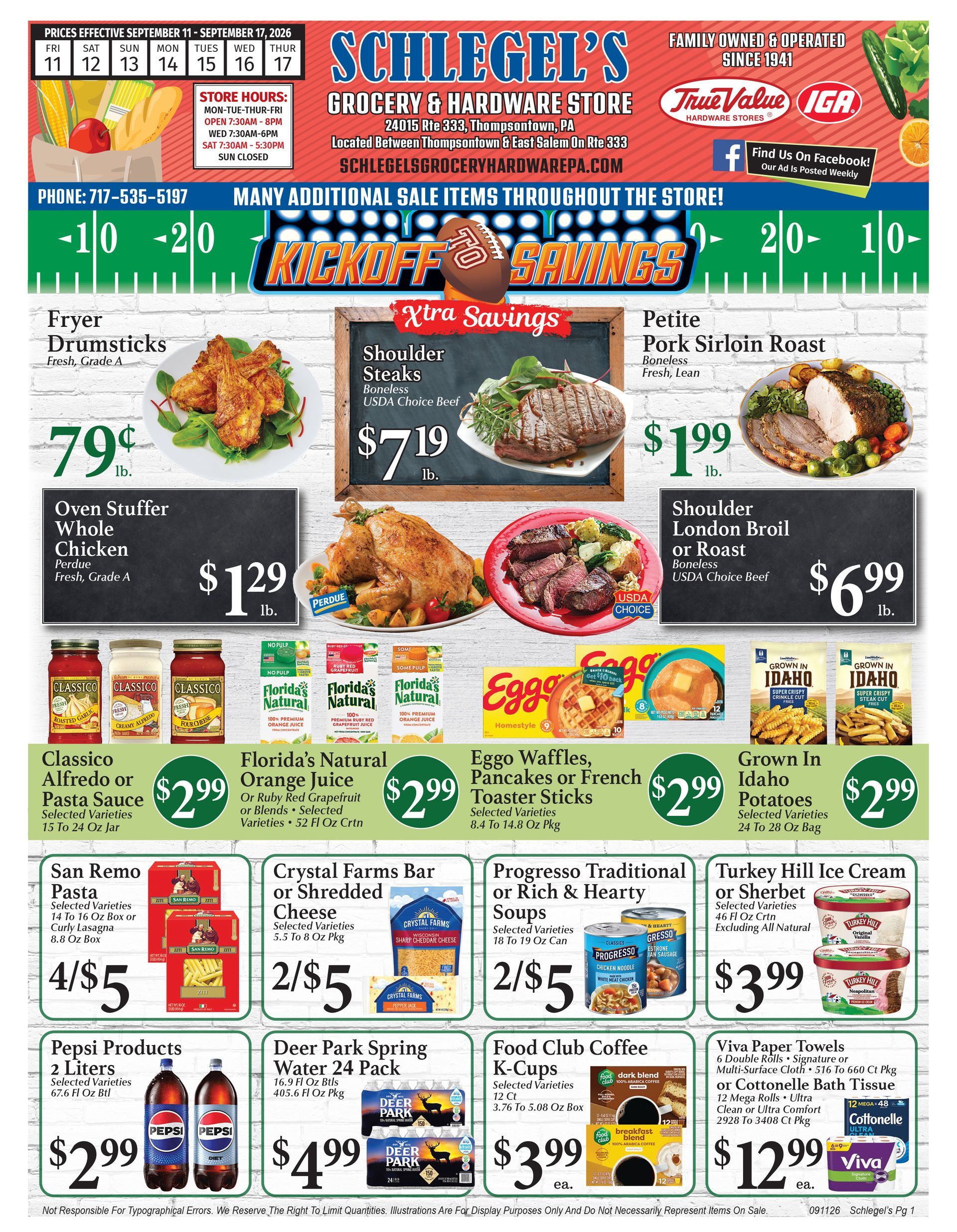 Schlegel’s grocery weekly ad with meat specials, produce, and pantry items on a red sale flyer