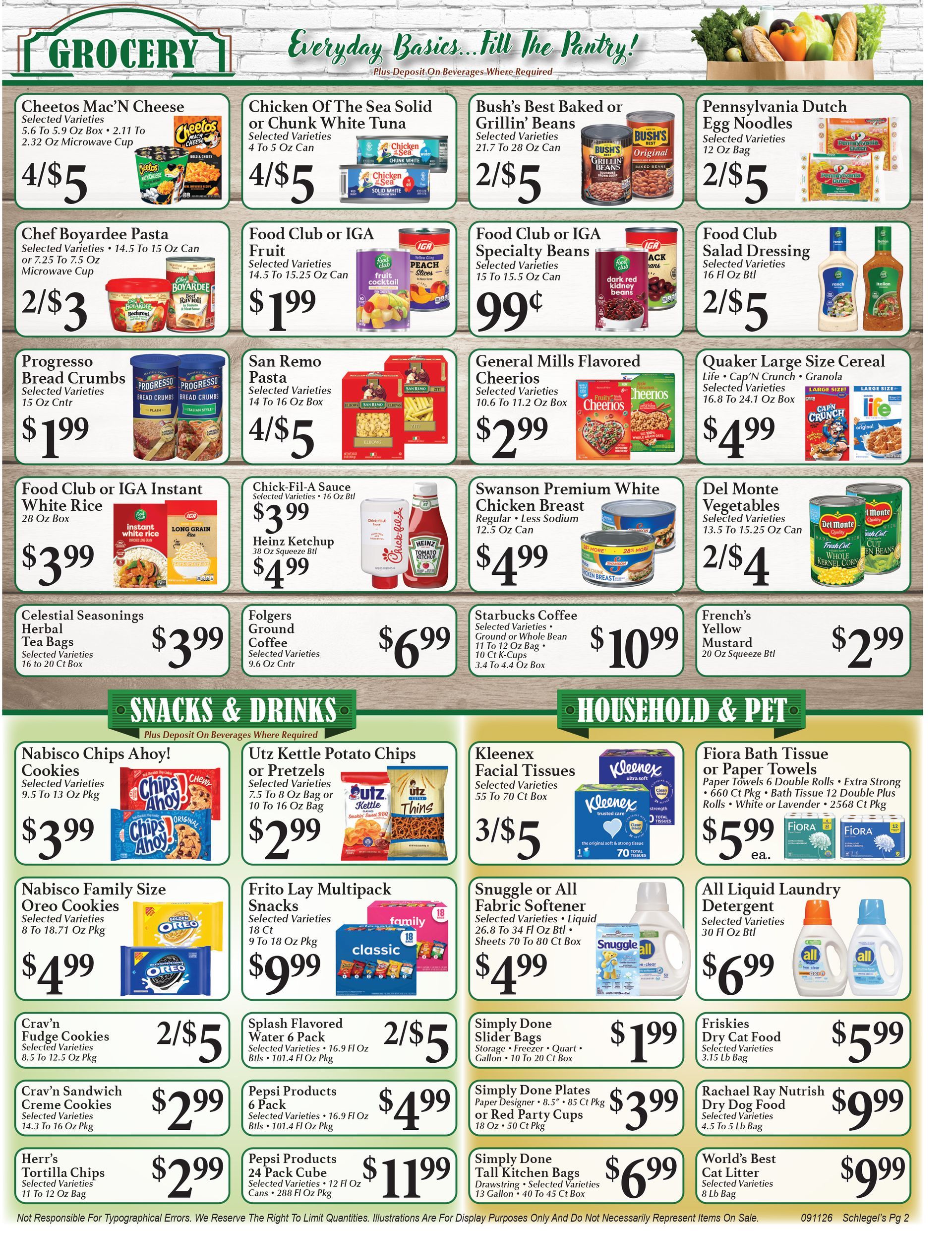Grocery store weekly ad flyer with assorted canned, boxed and frozen food specials with prices.
