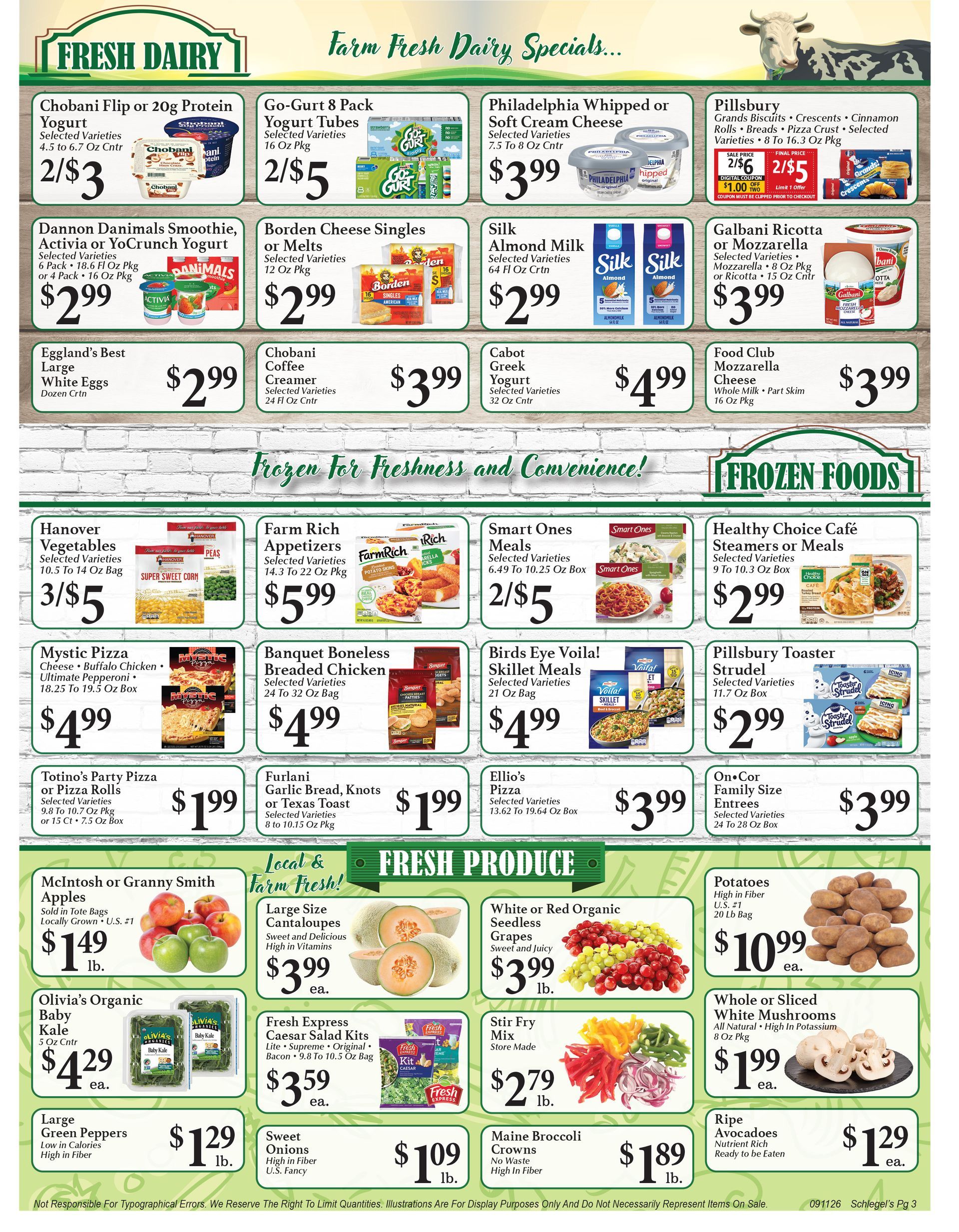 Grocery store weekly ad with many sale items and prices in green and red.