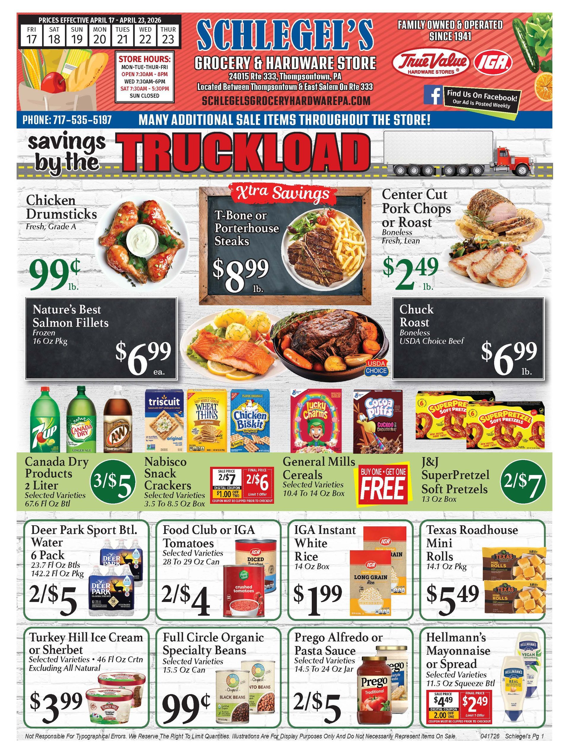 A promotional flyer for Schlegel's grocery store featuring Truckload sale prices on various food items.