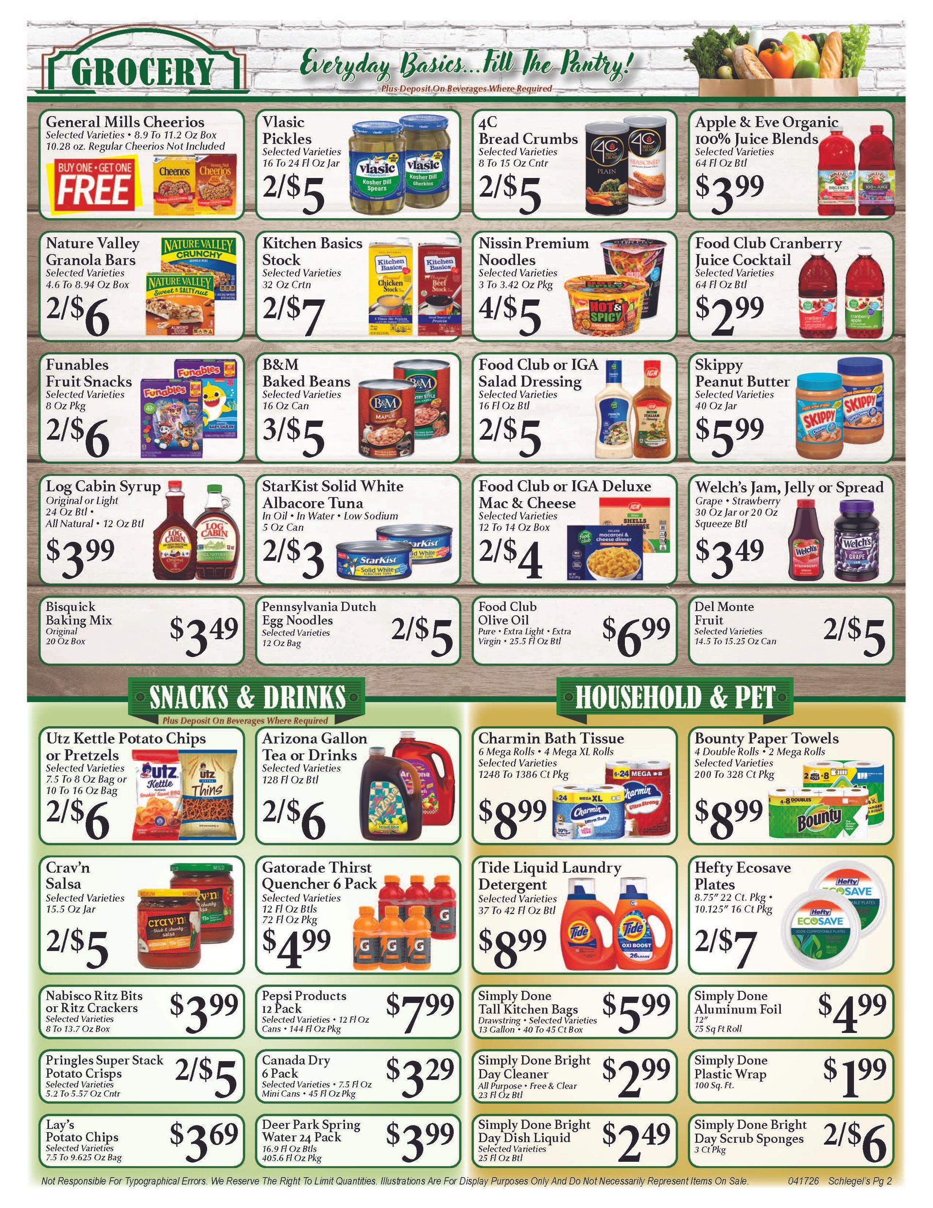 A grocery store flyer displaying various discounted food, household, and pet supplies with pricing deals.