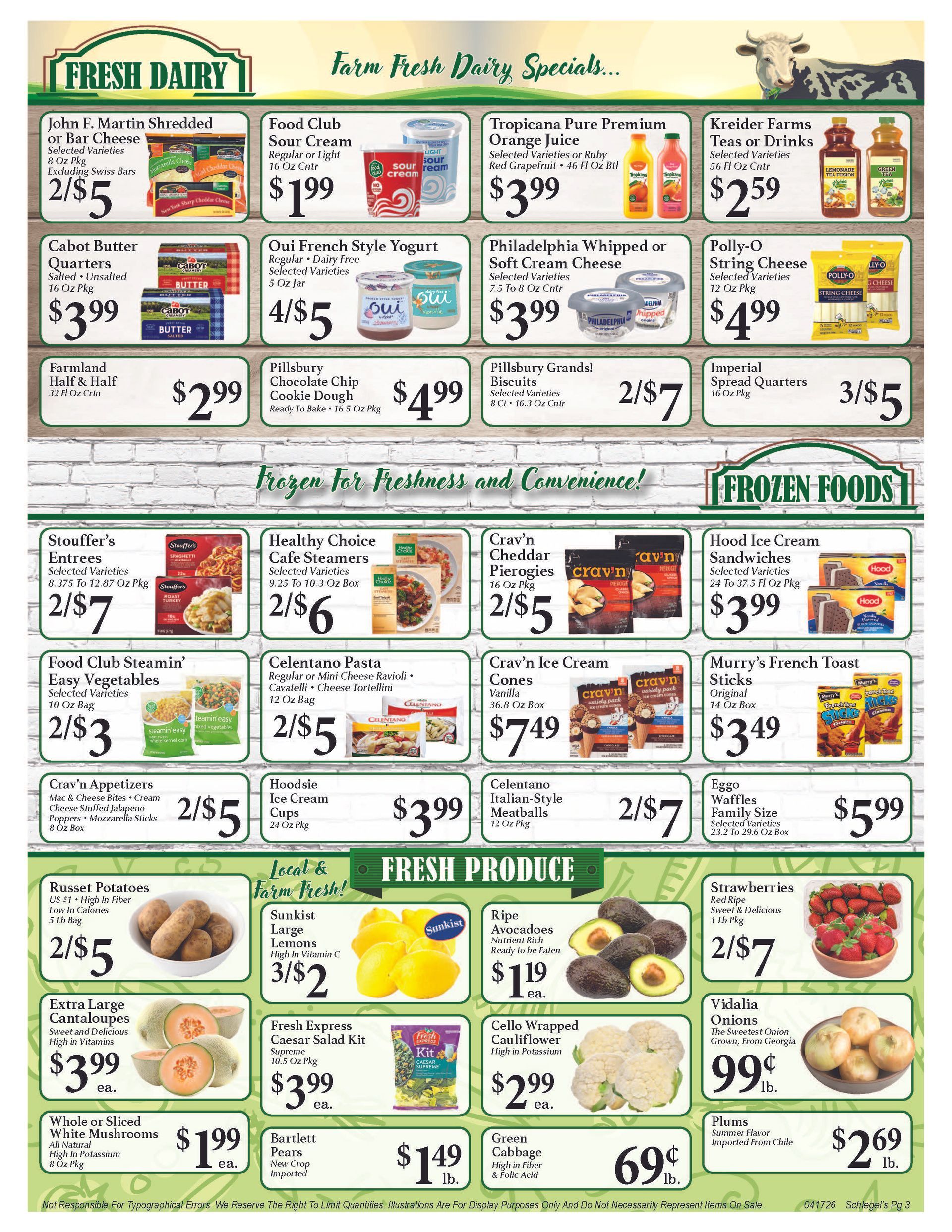 A grocery store weekly flyer featuring sales on dairy, frozen foods, and produce with prices and product images.
