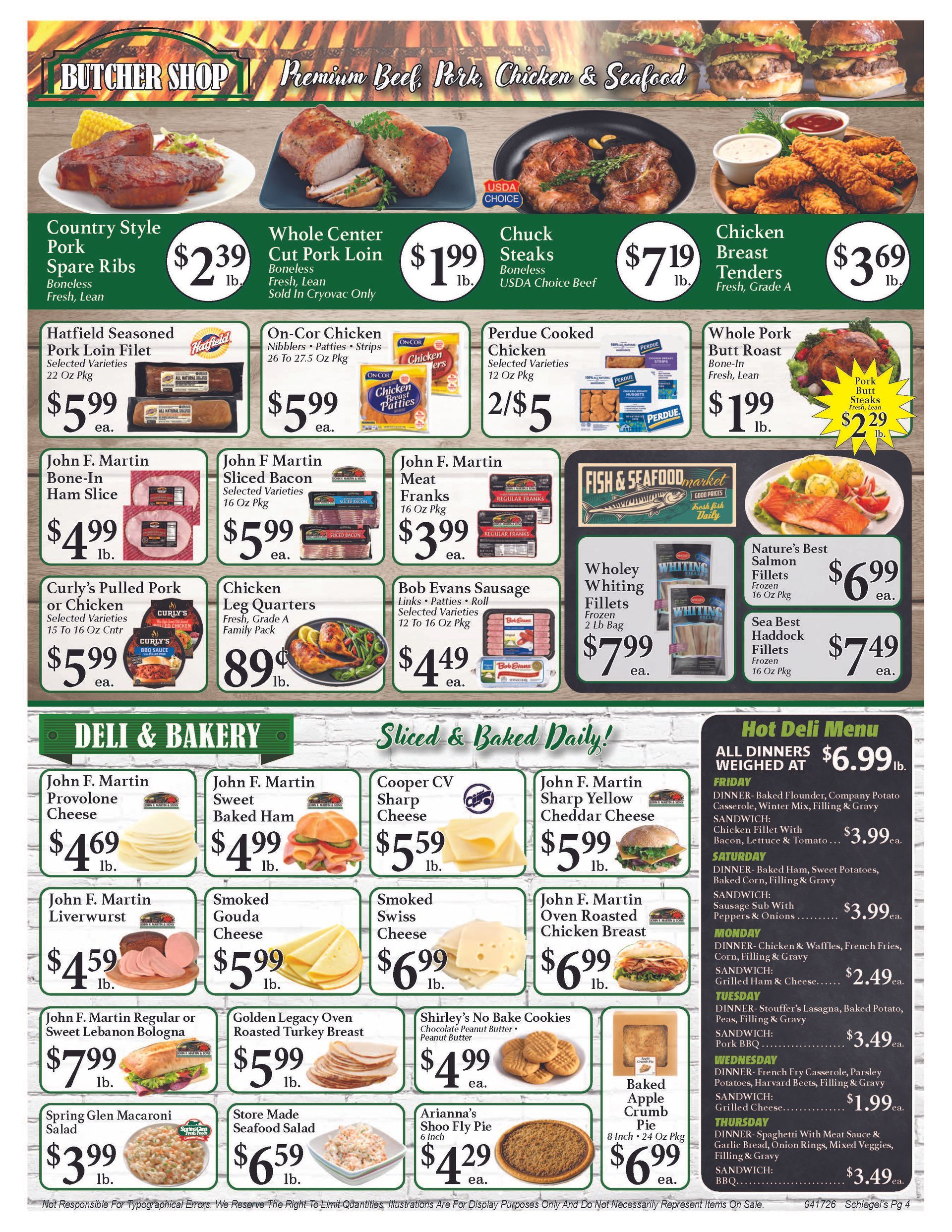 A grocery store flyer advertisement featuring meat, deli items, prepared foods, and pricing for each product.