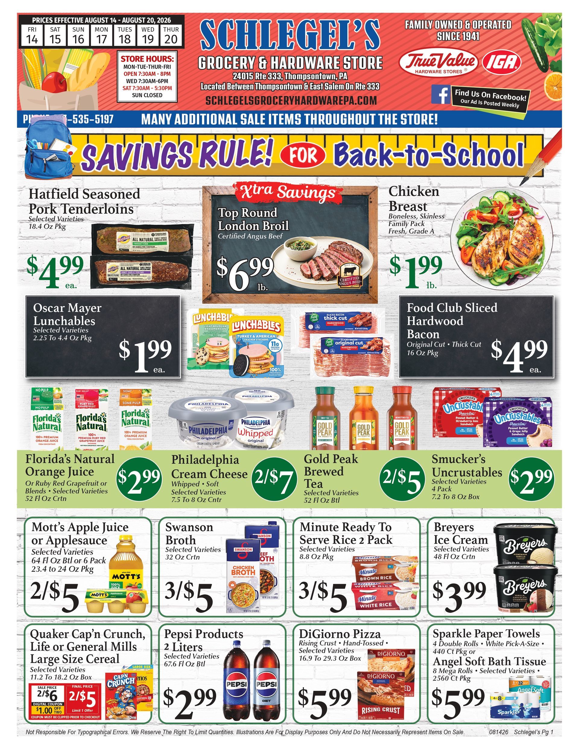 Grocery store weekly ad with summer savings on food items, colorful sale prices, and product photos