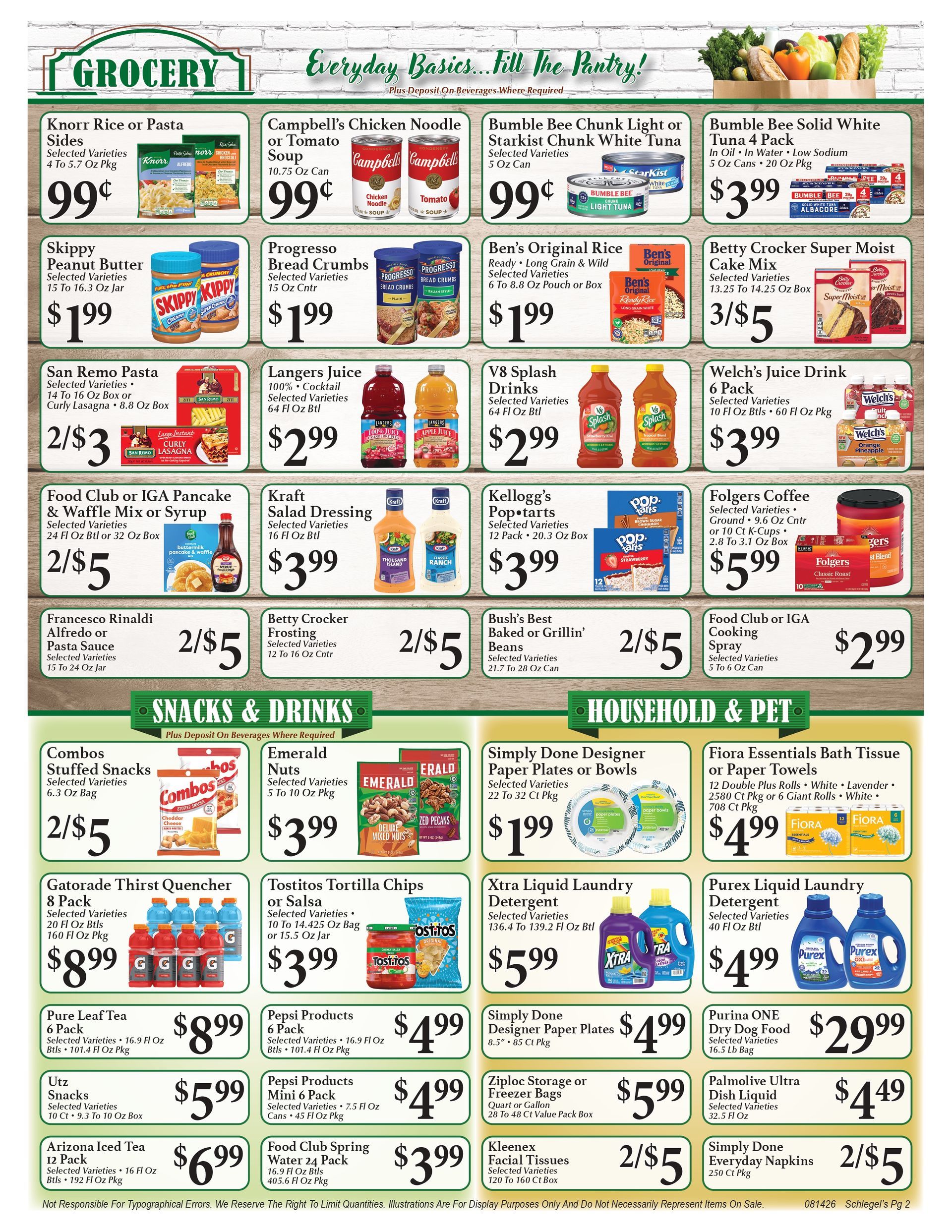 Grocery store weekly ad with sale prices on food, drinks, and household items in green and white boxes