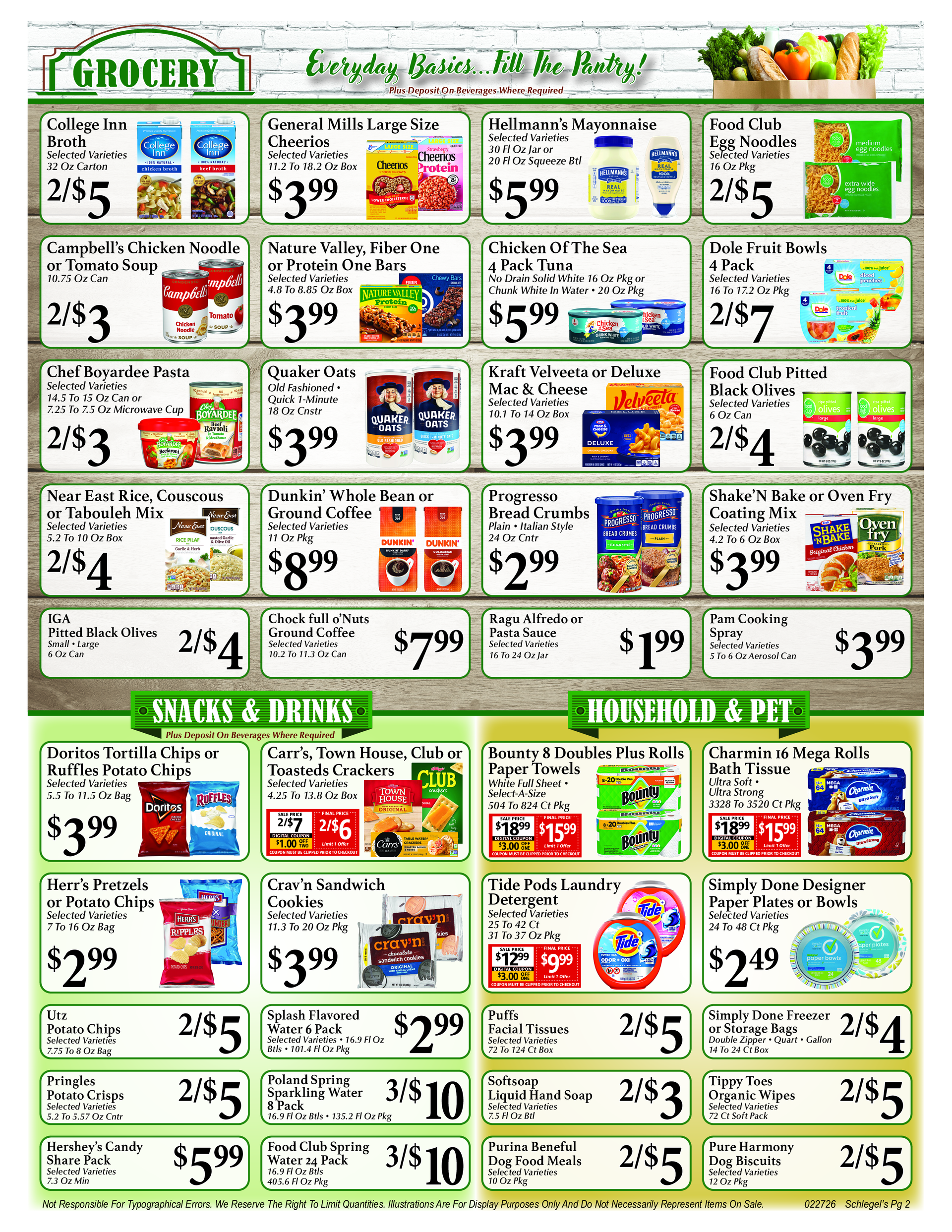Grocery store ad with food and pet supplies, featuring prices in a grid.