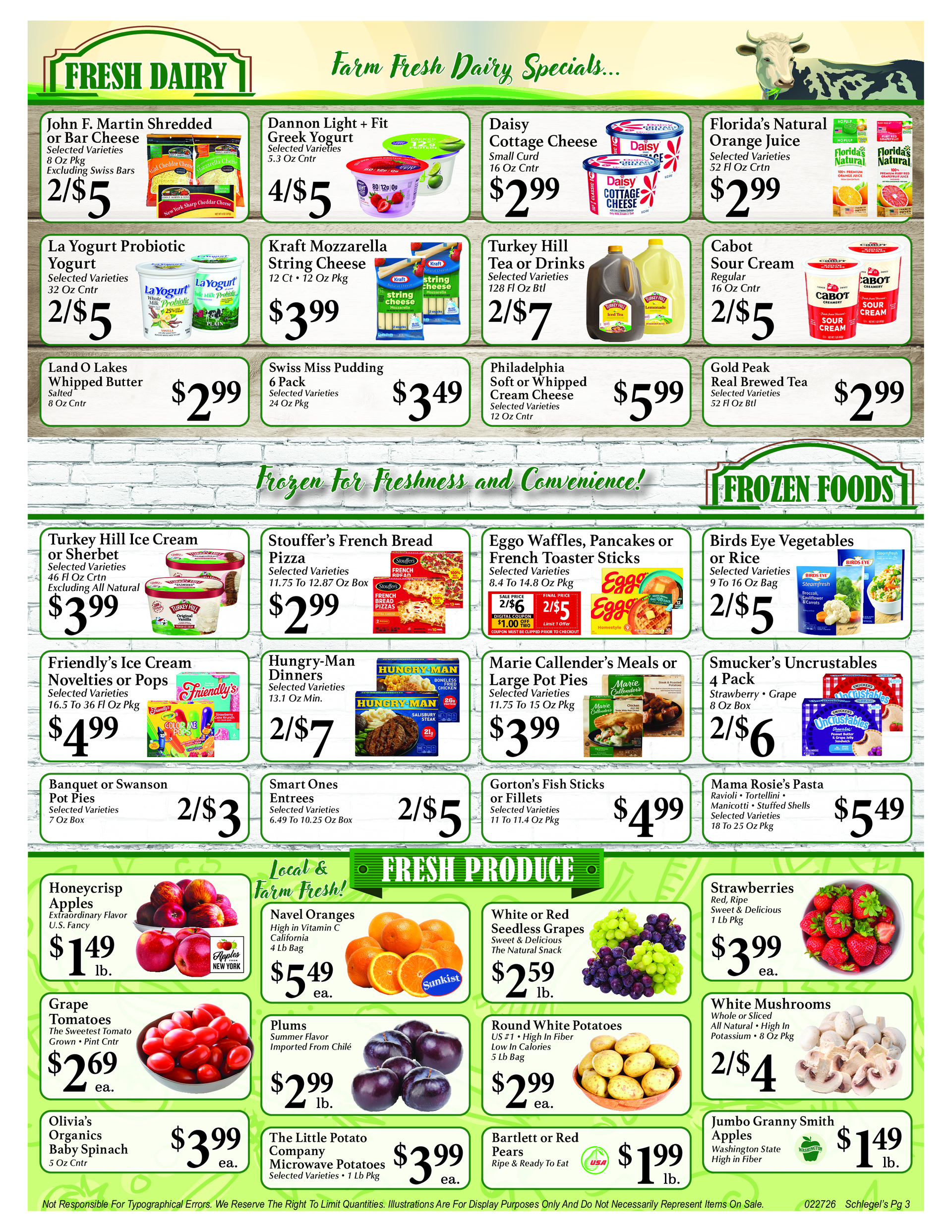 Grocery store advertisement with dairy, frozen, and produce items on sale.