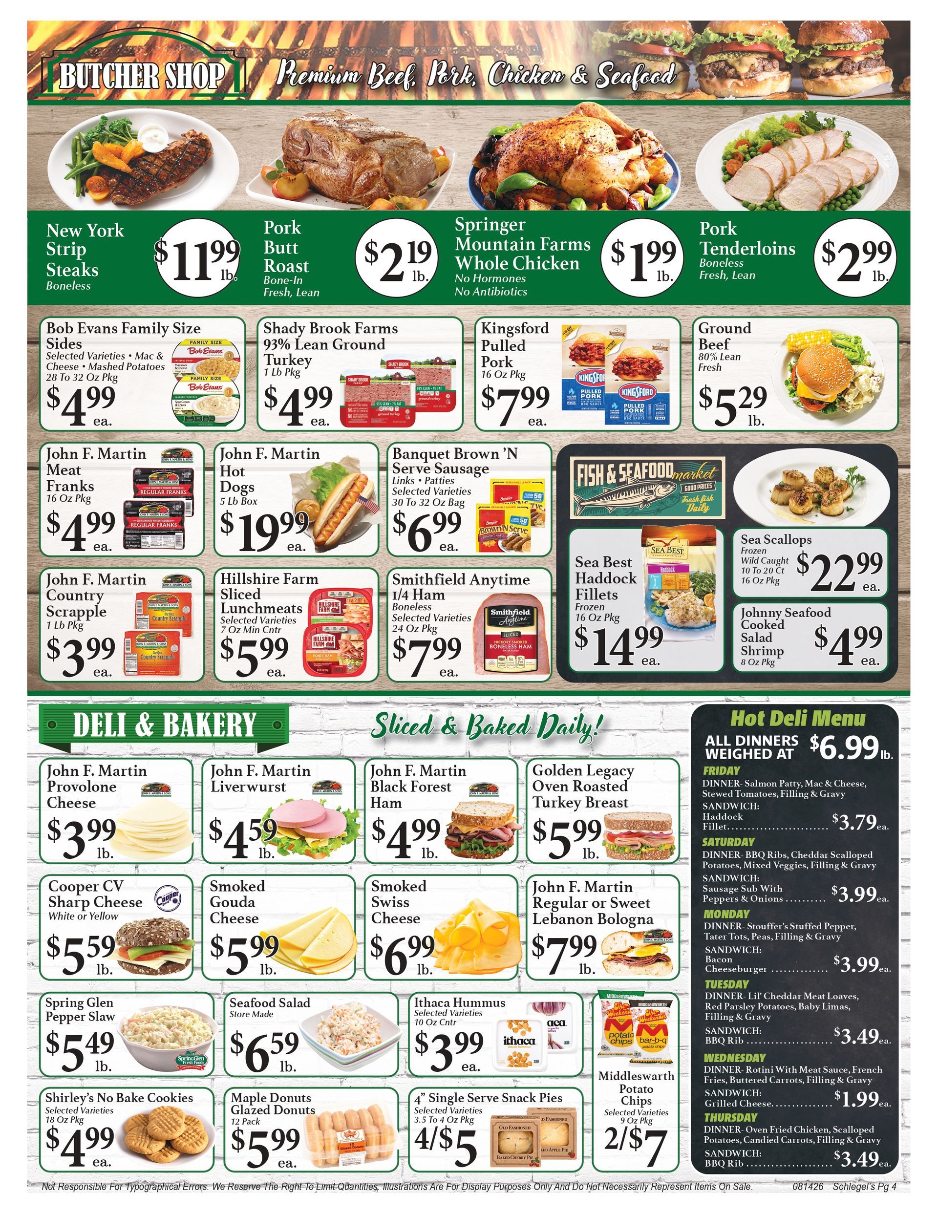 Restaurant takeout menu with food photos, prices, and daily specials in green and white layout