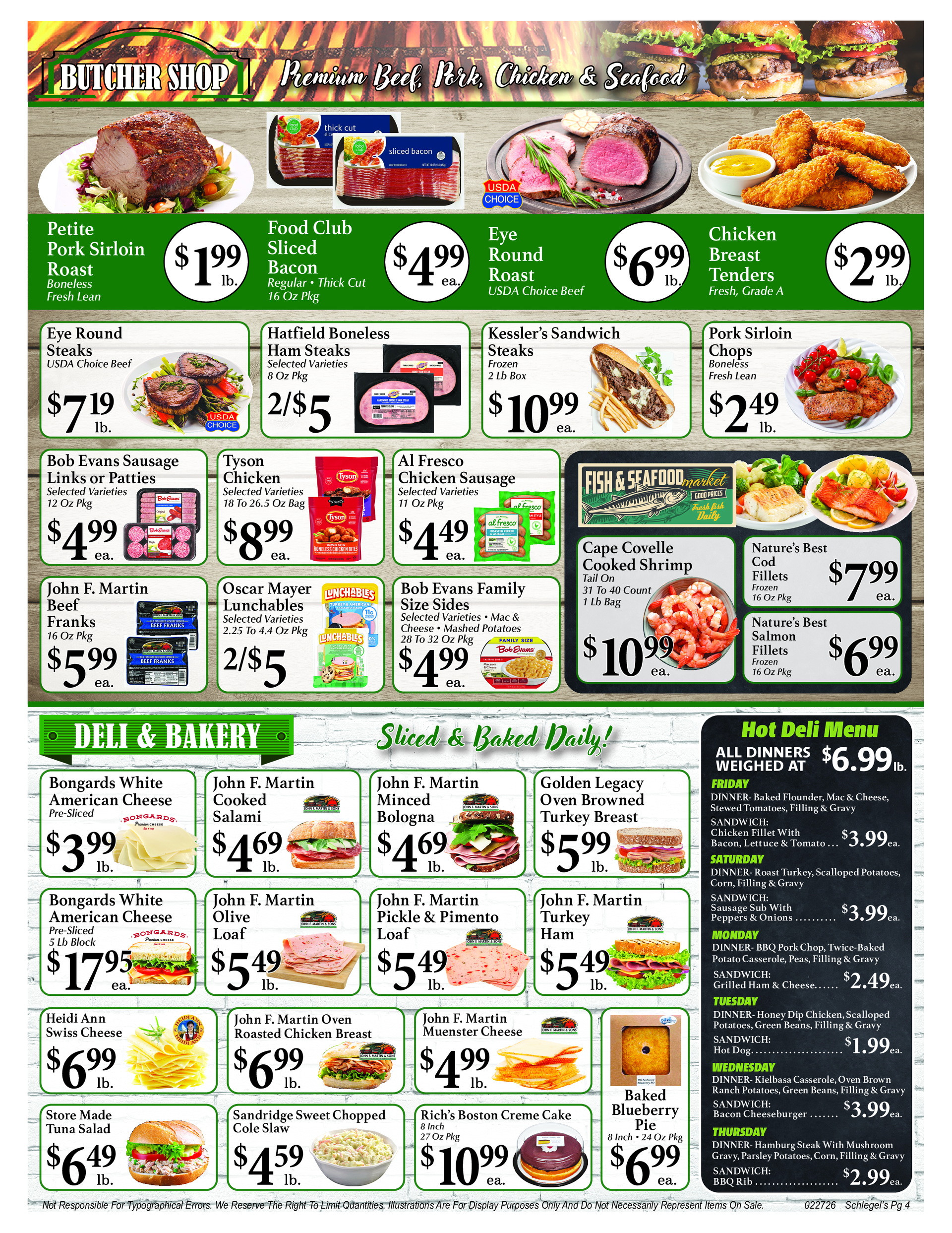 Grocery store flyer with meat and prepared food pricing.