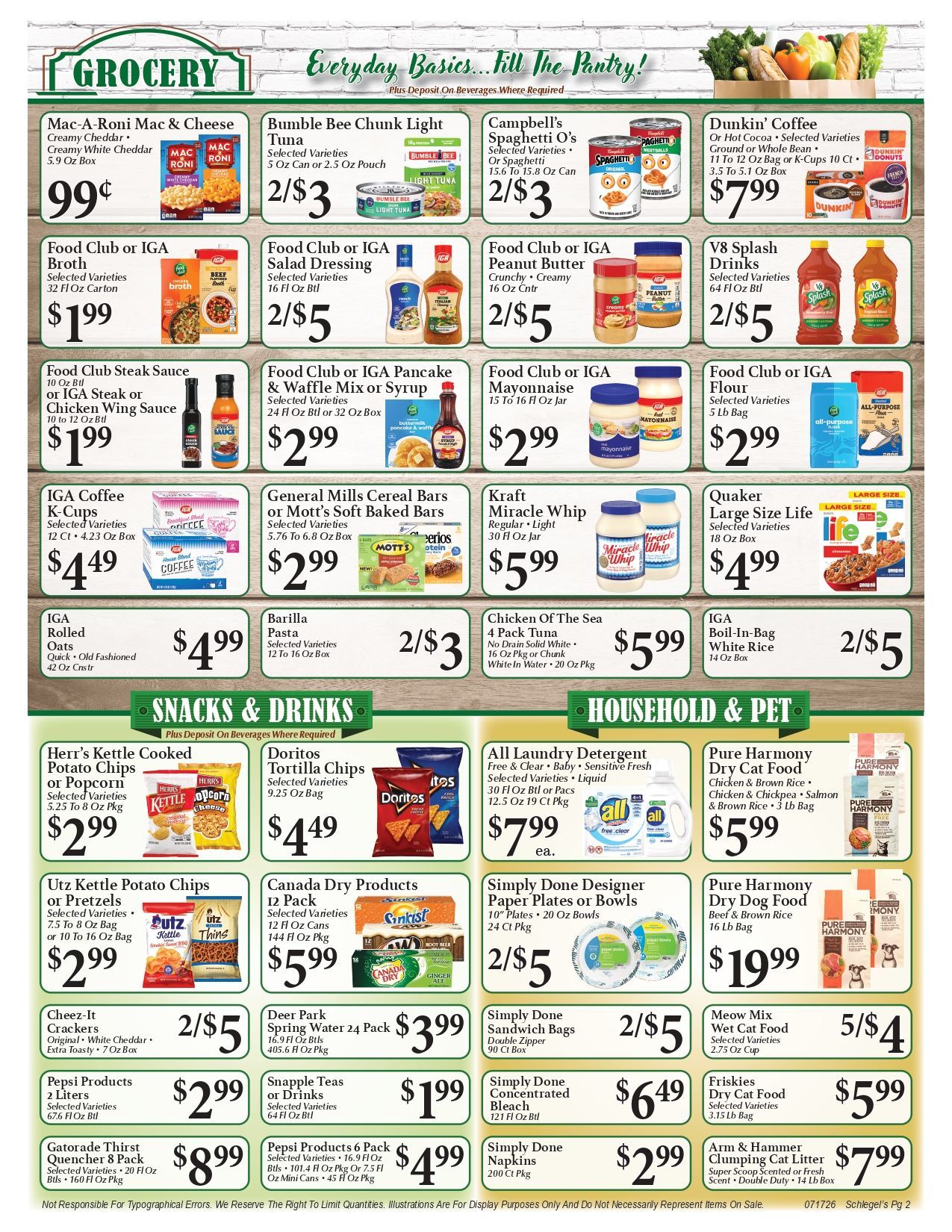 Grocery store weekly ad with many sale items, prices, and product photos in a green-and-white flyer