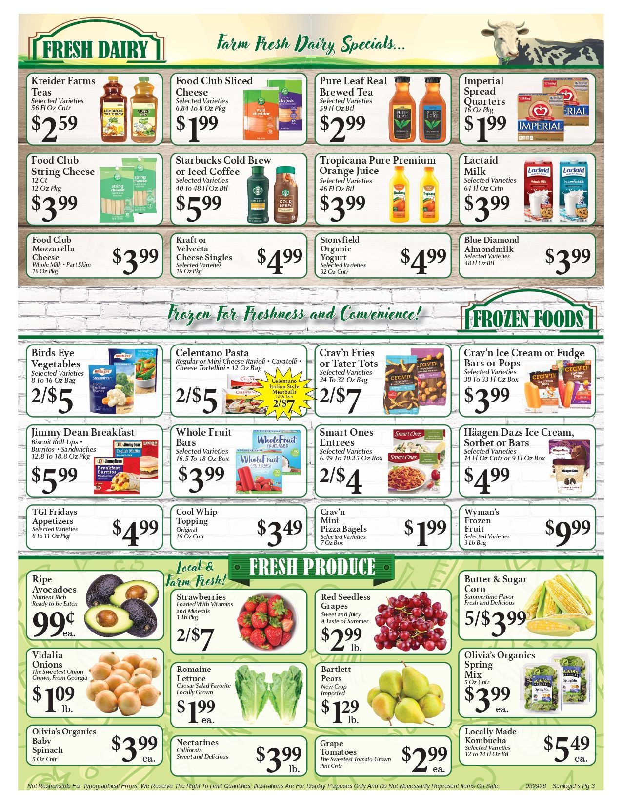 Grocery store ad with fresh produce, frozen foods, and seafood specials in green and white boxes