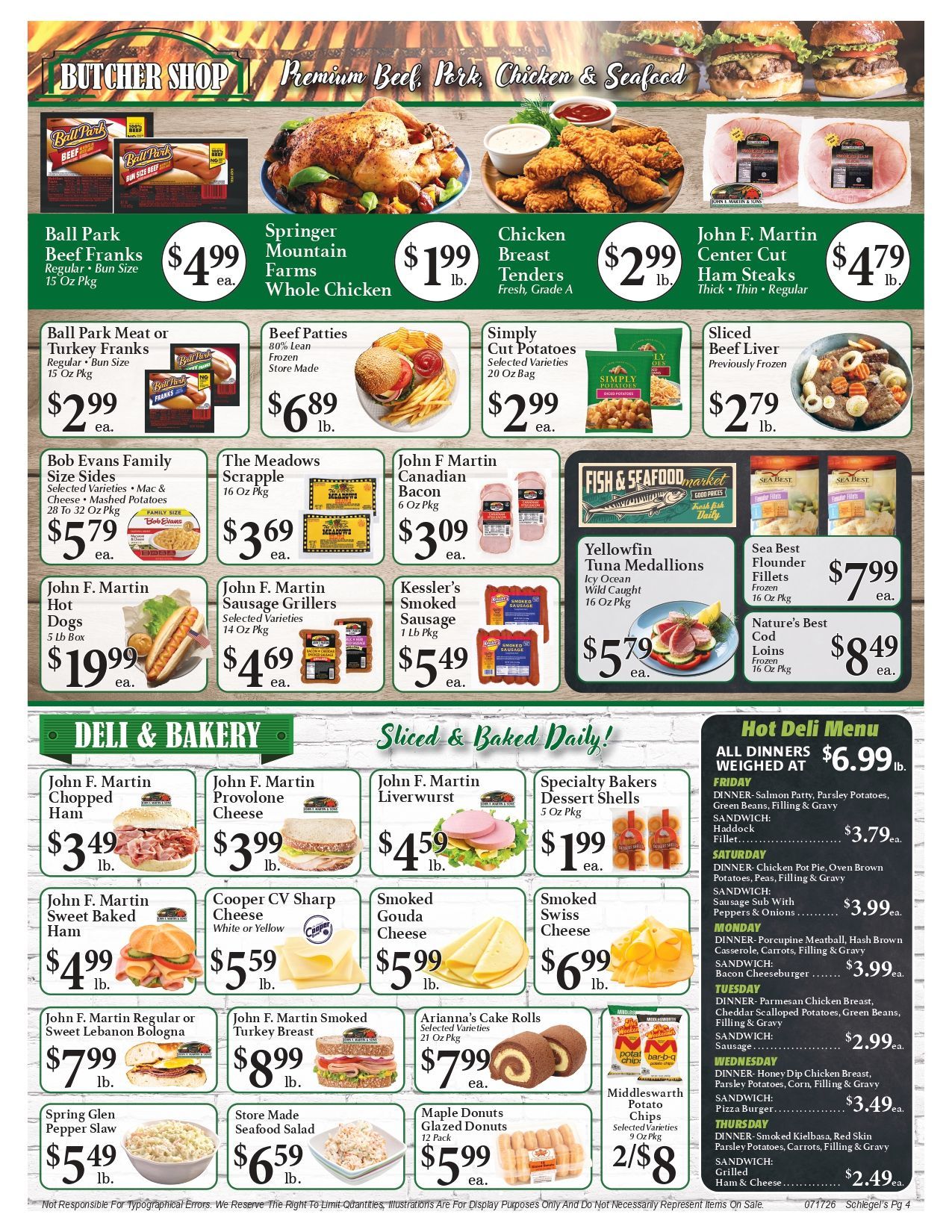 Grocery store weekly ad with assorted food items, prices, and bakery specials in a green-bordered flyer.