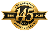 145th anniversary logo with gold and black ribbon, celebrating 1880–2025