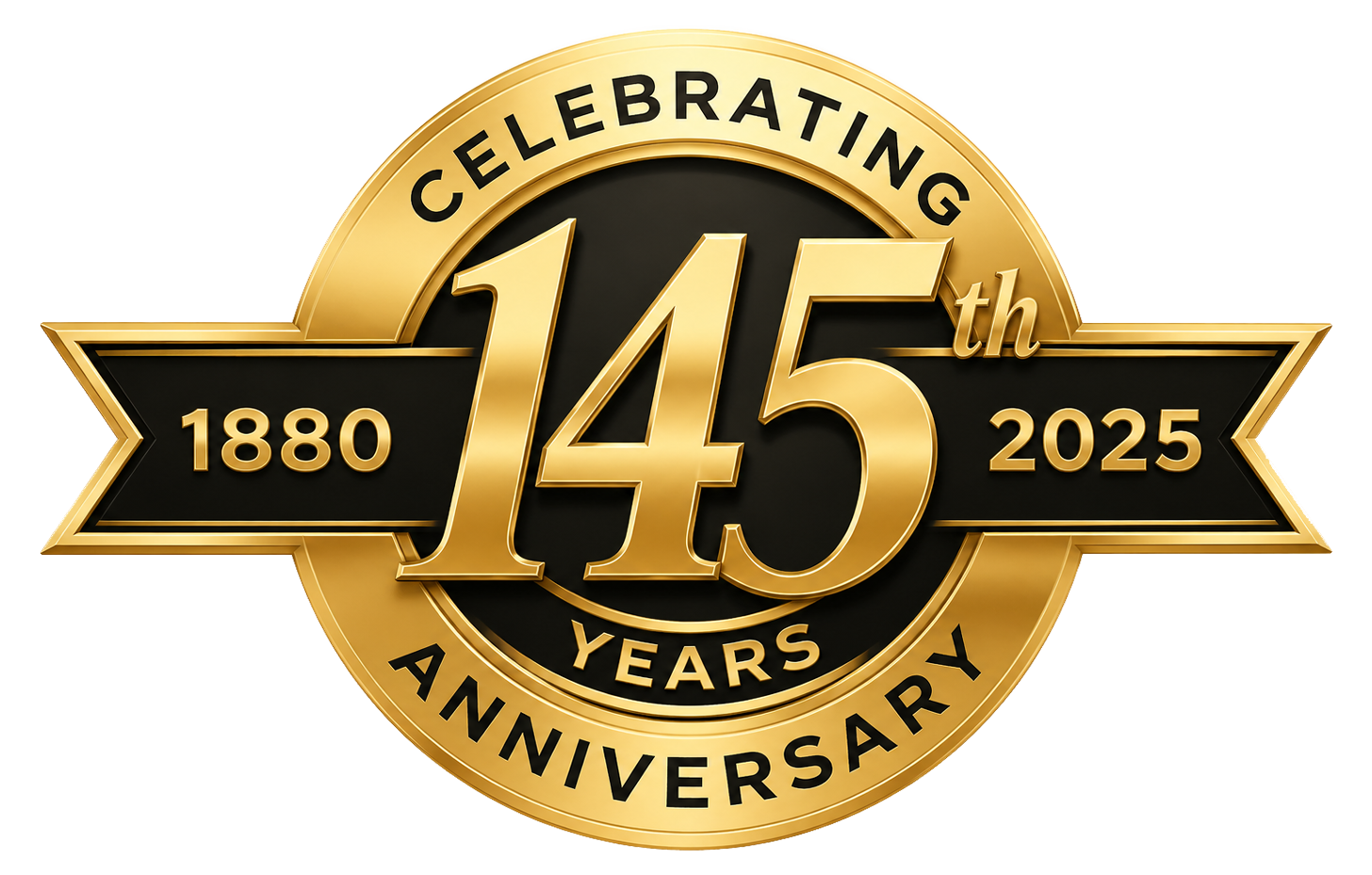 145th anniversary logo with gold and black ribbon, celebrating 1880–2025