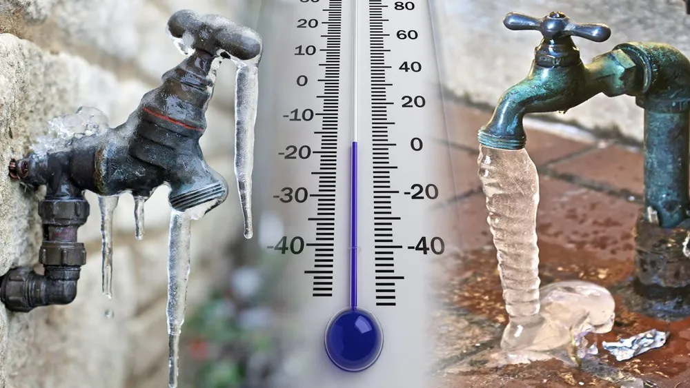 Two frozen outdoor water faucets with large icicles, flanking a thermometer showing below-freezing temperatures.