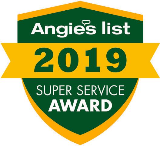 A green and yellow shield with the words angie 's list 2019 super service award on it