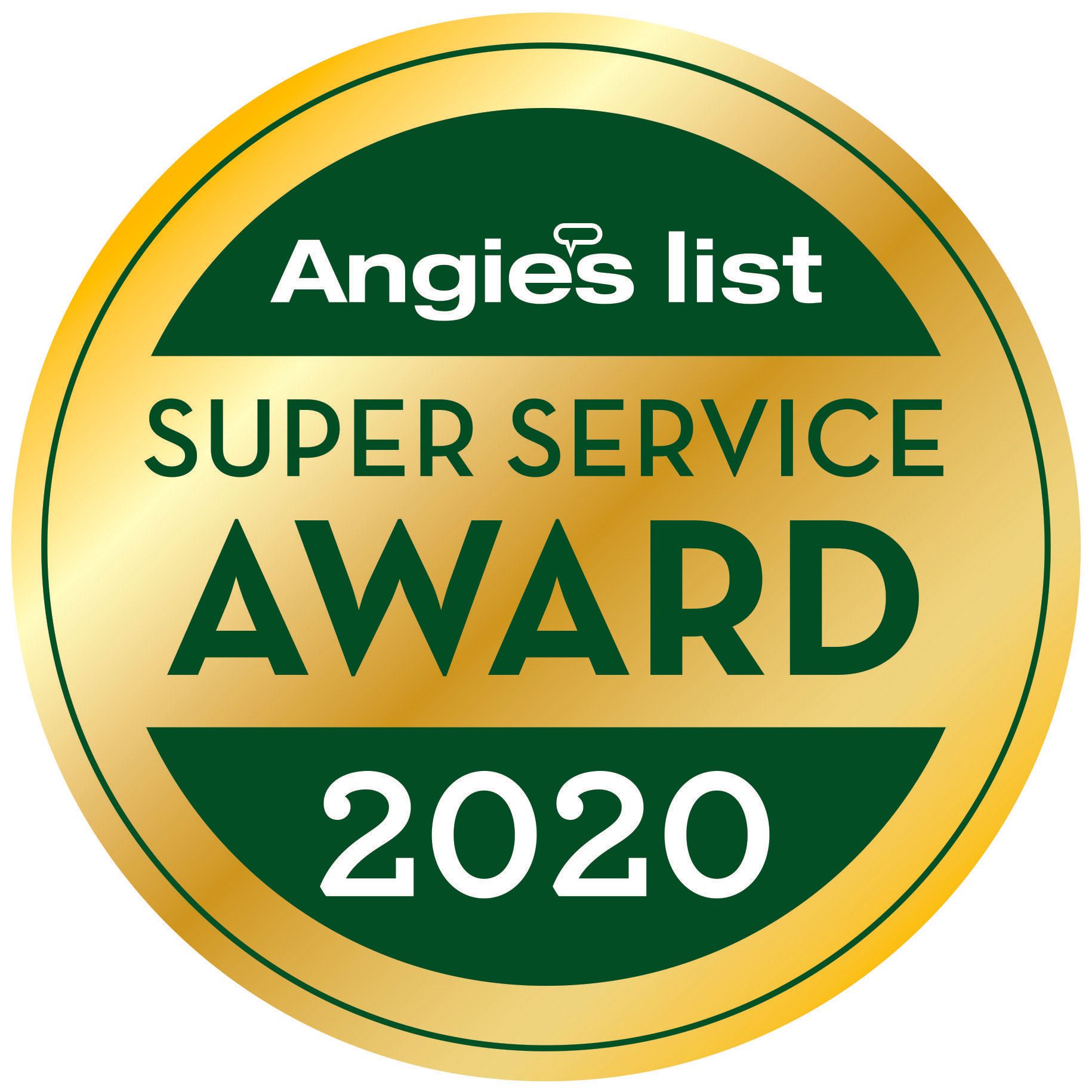 Angie 's list super service award 2020 is a green and gold badge.