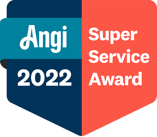 A blue and red badge that says angi super service award 2022