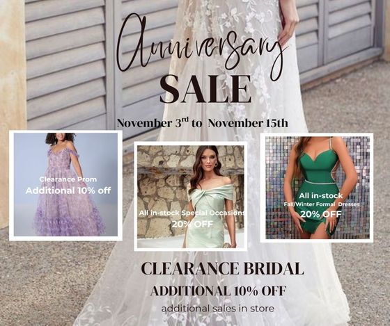 An anniversary sale advertisement featuring wedding dresses with additional discounts. Sale dates are Nov 3rd to 15th.