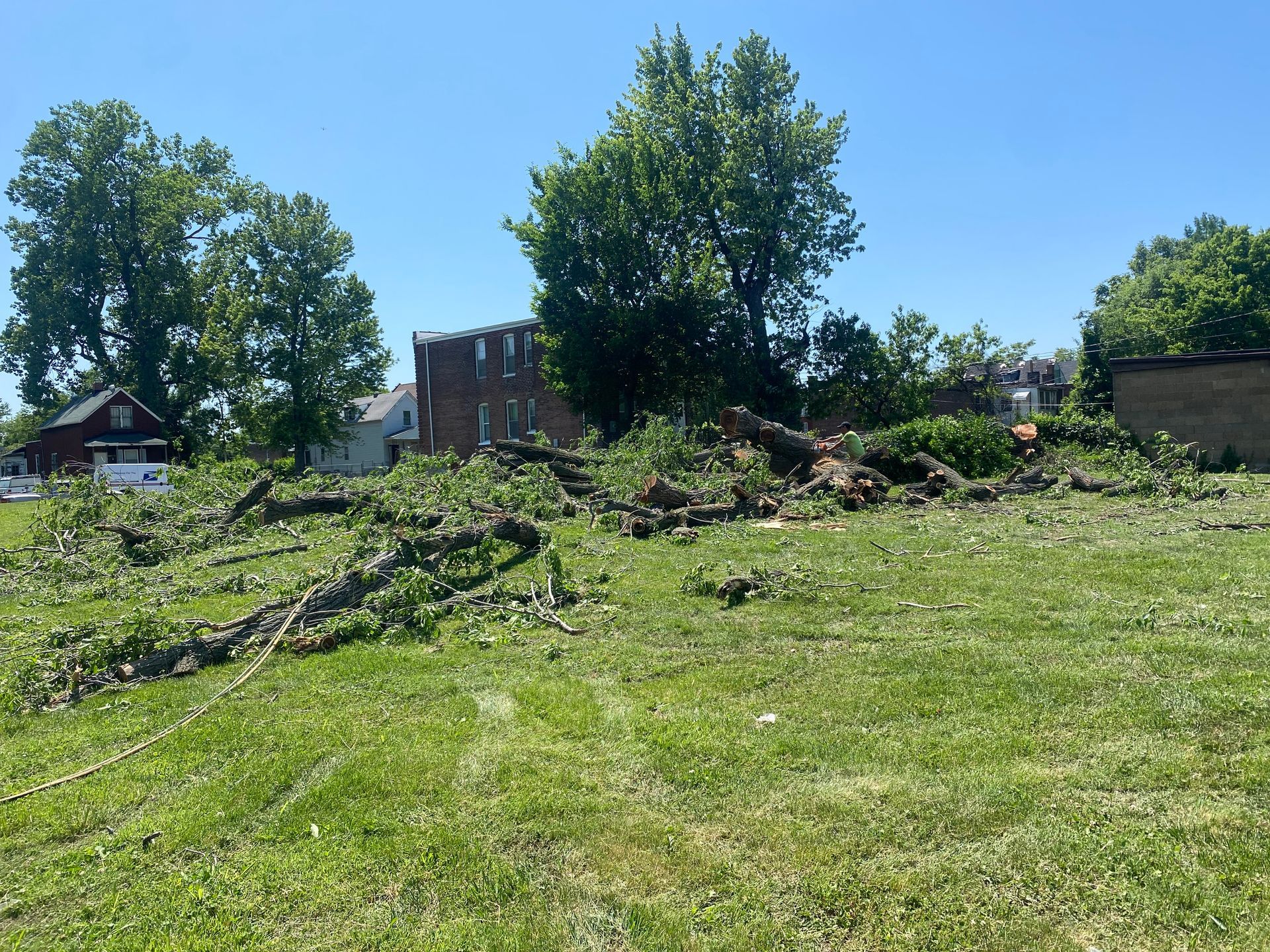 Scattered storm debris and fallen branches across a grassy yard with trees and a damaged building in the background.