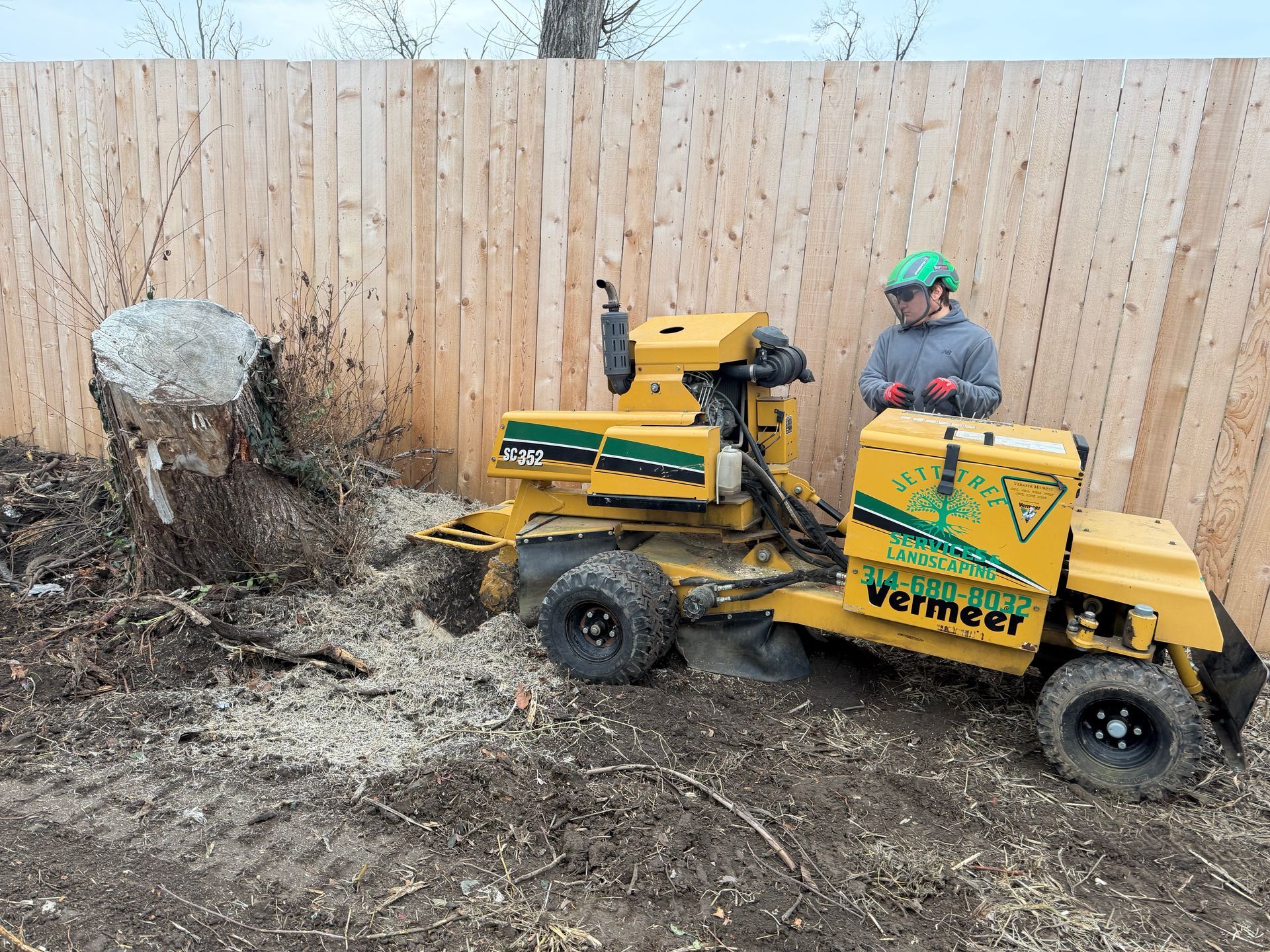 Worker operating yellow wood chipper beside a large stump in a fenced yard