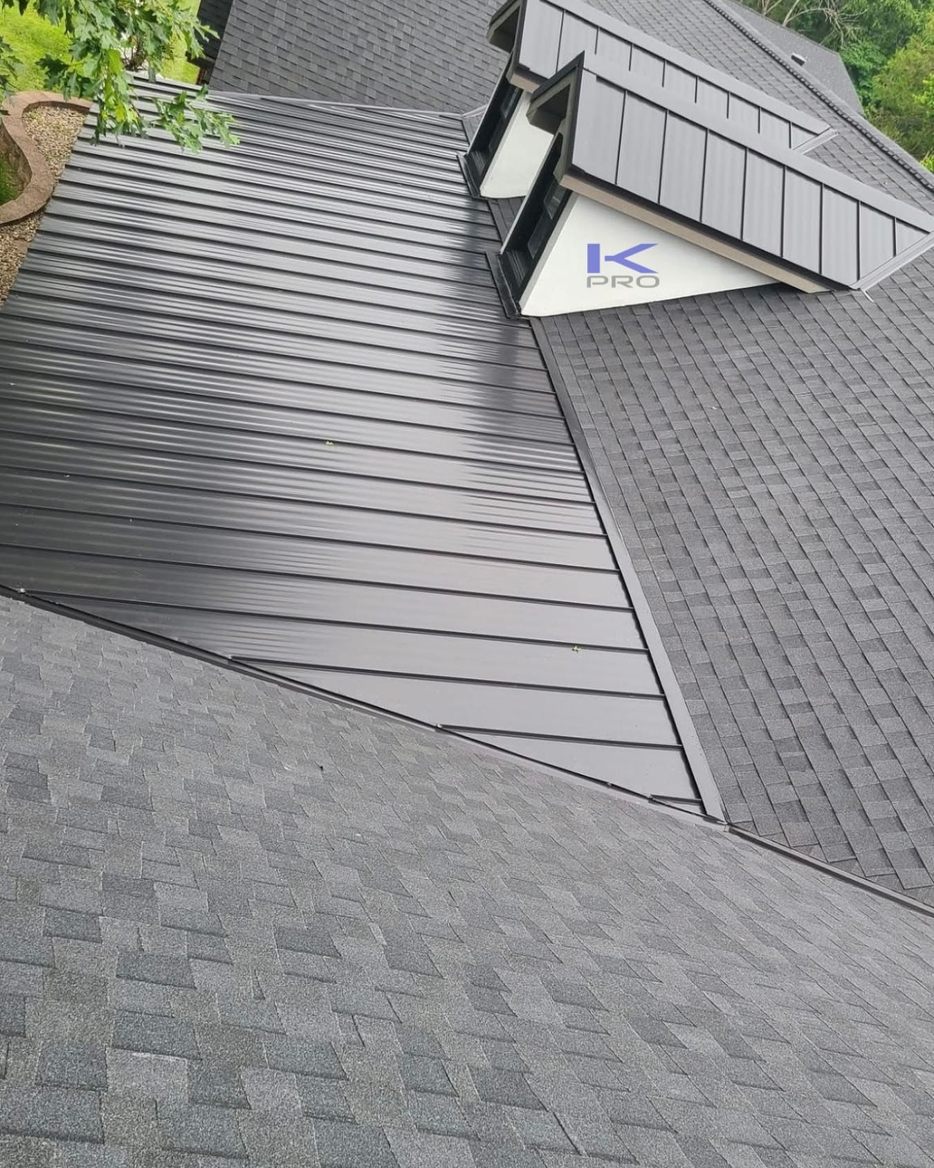 A roof with dark metal and shingle sections, with a skylight and a partial view of foliage.